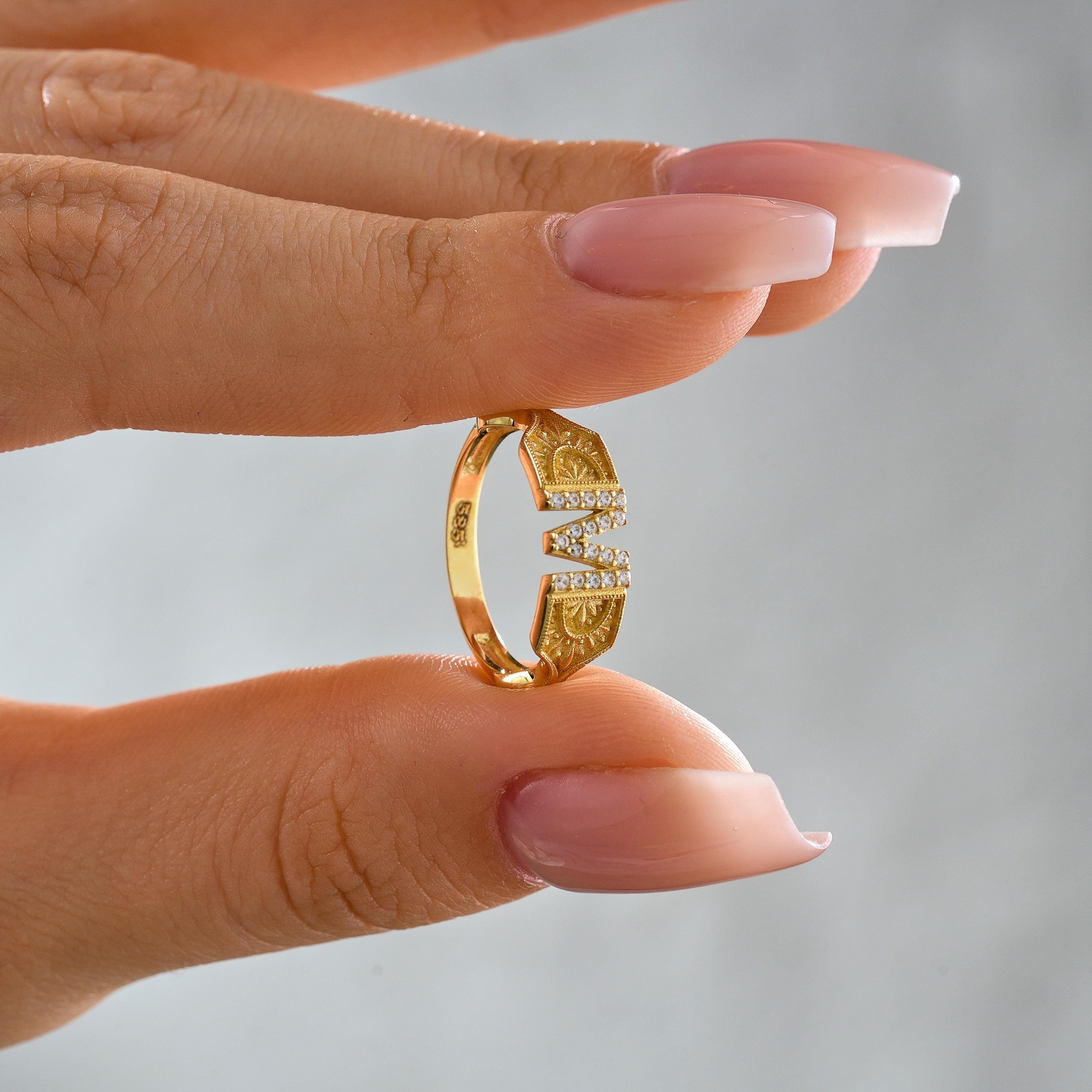 solid gold diamond m initial letter ring