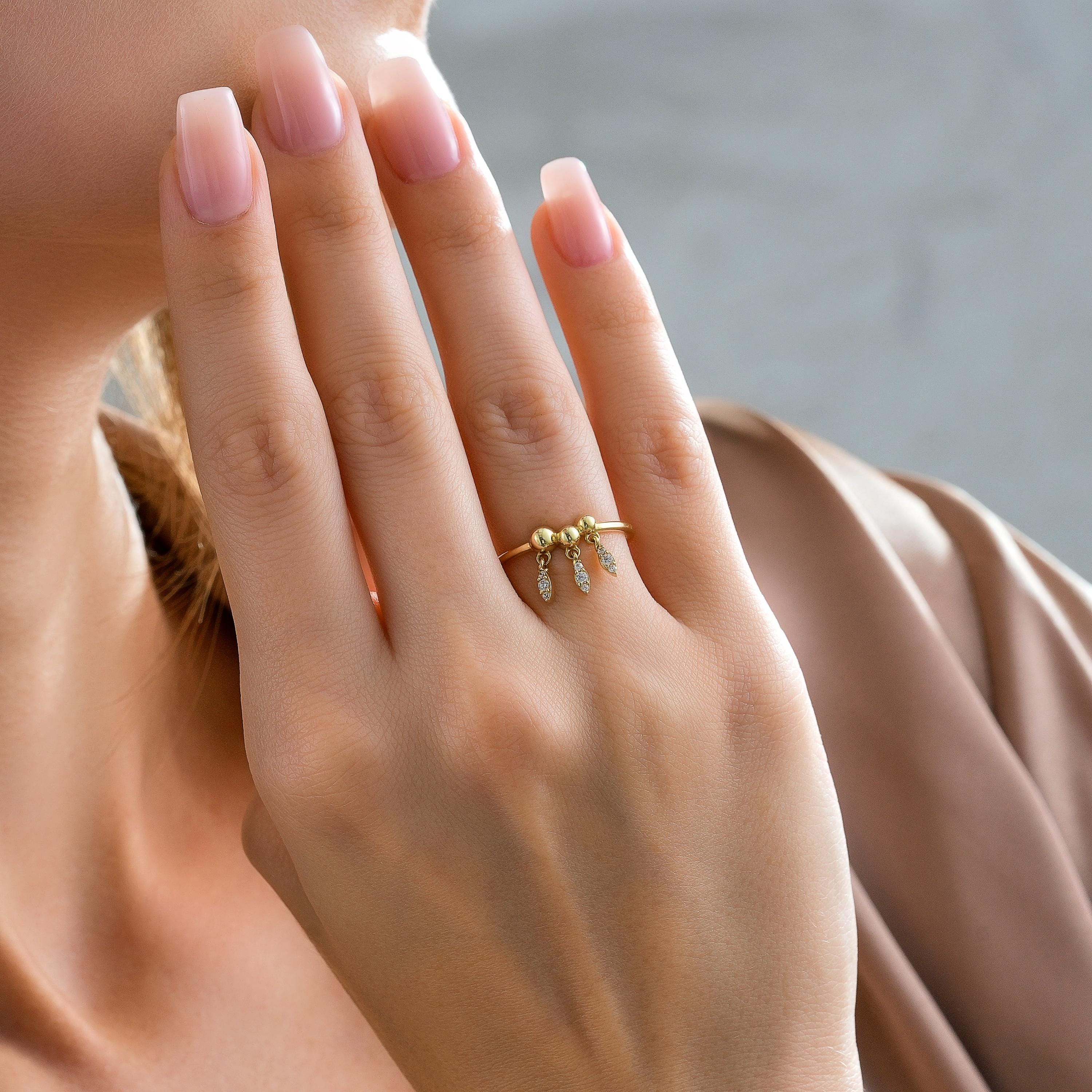 14k gold drop charm bead accents dangling diamond ring