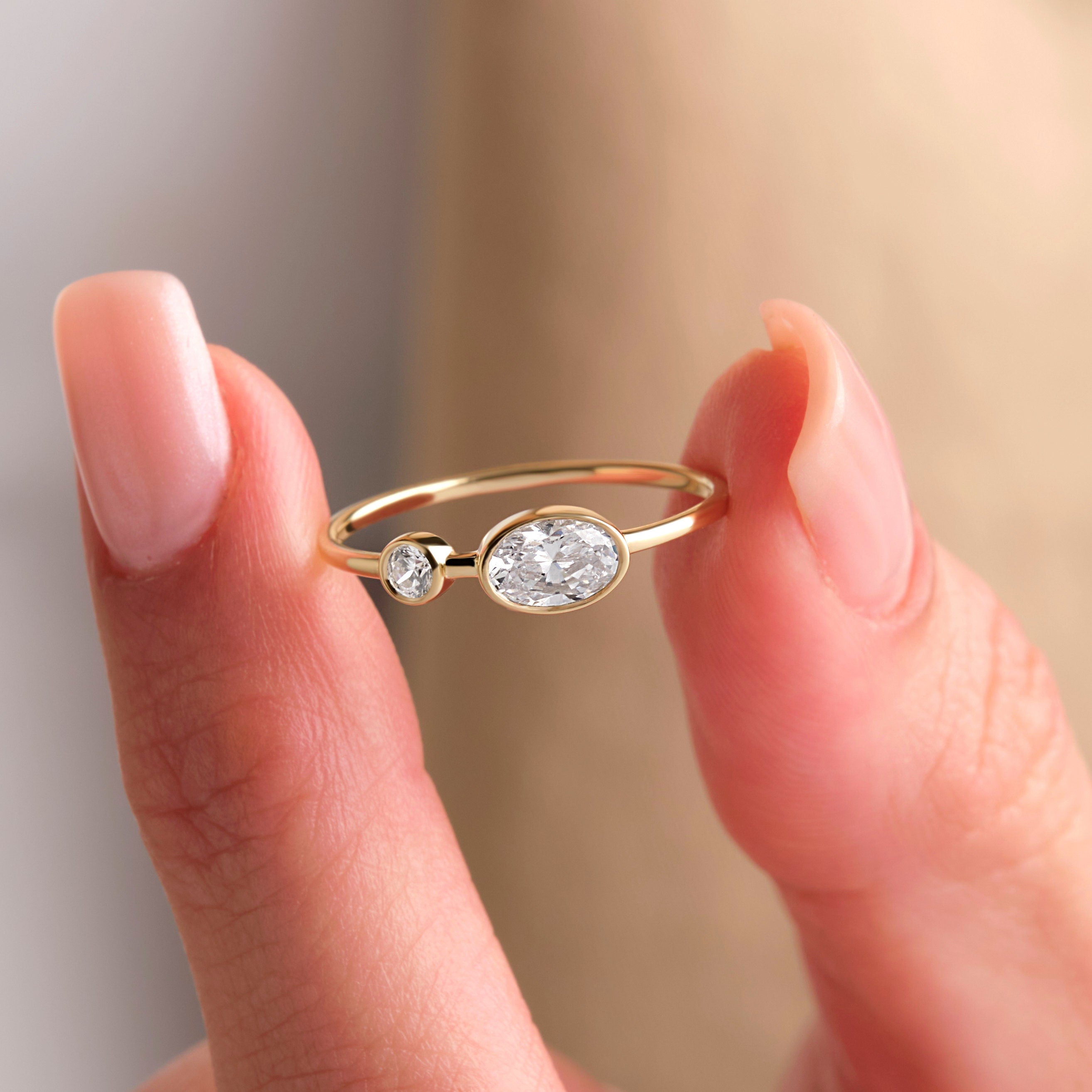 14K Gold Diamond Ring Bezel Set Oval Two Stone