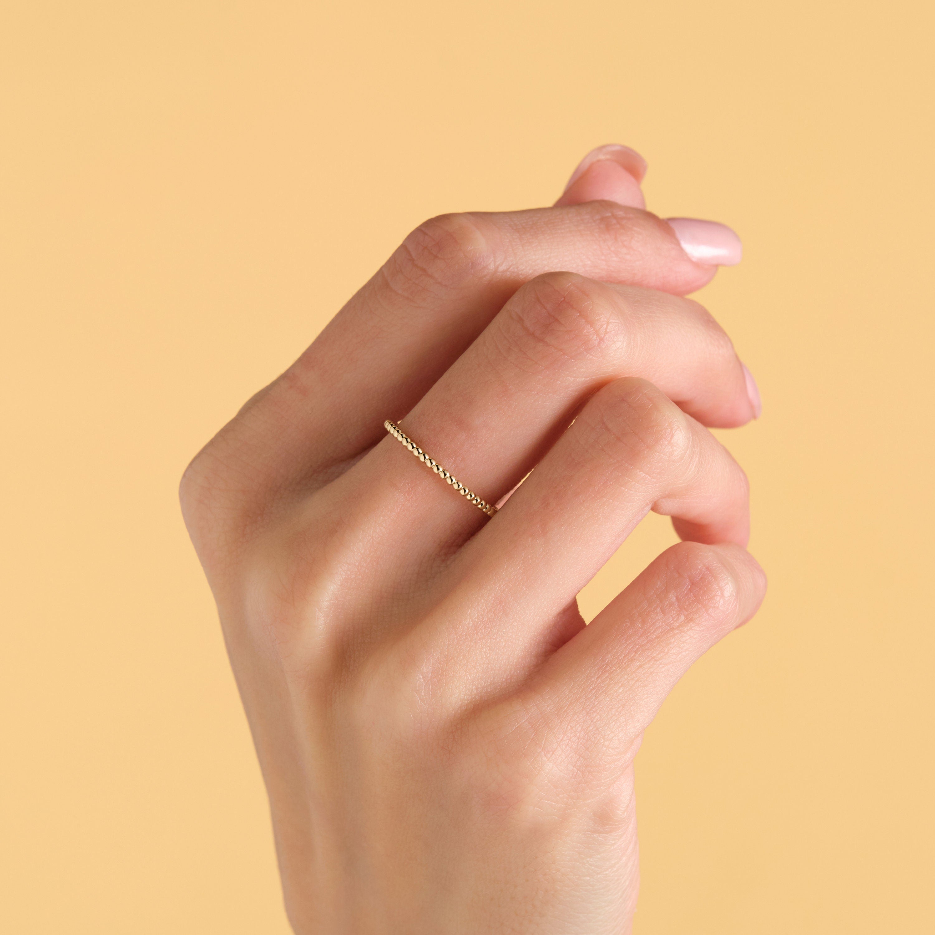 14k Gold Beaded Ring Minimalist Wedding Band