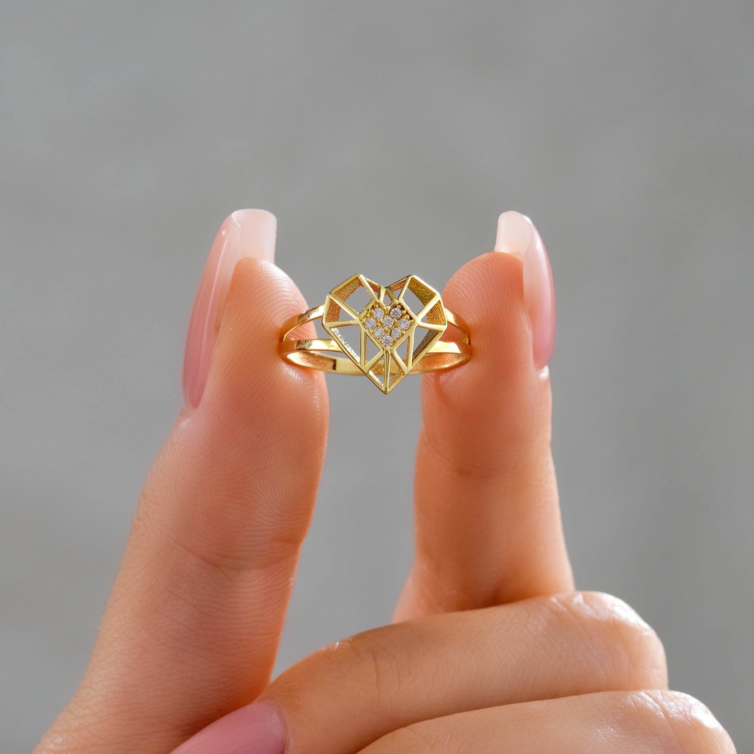 14k gold diamond geometric open heart ring
