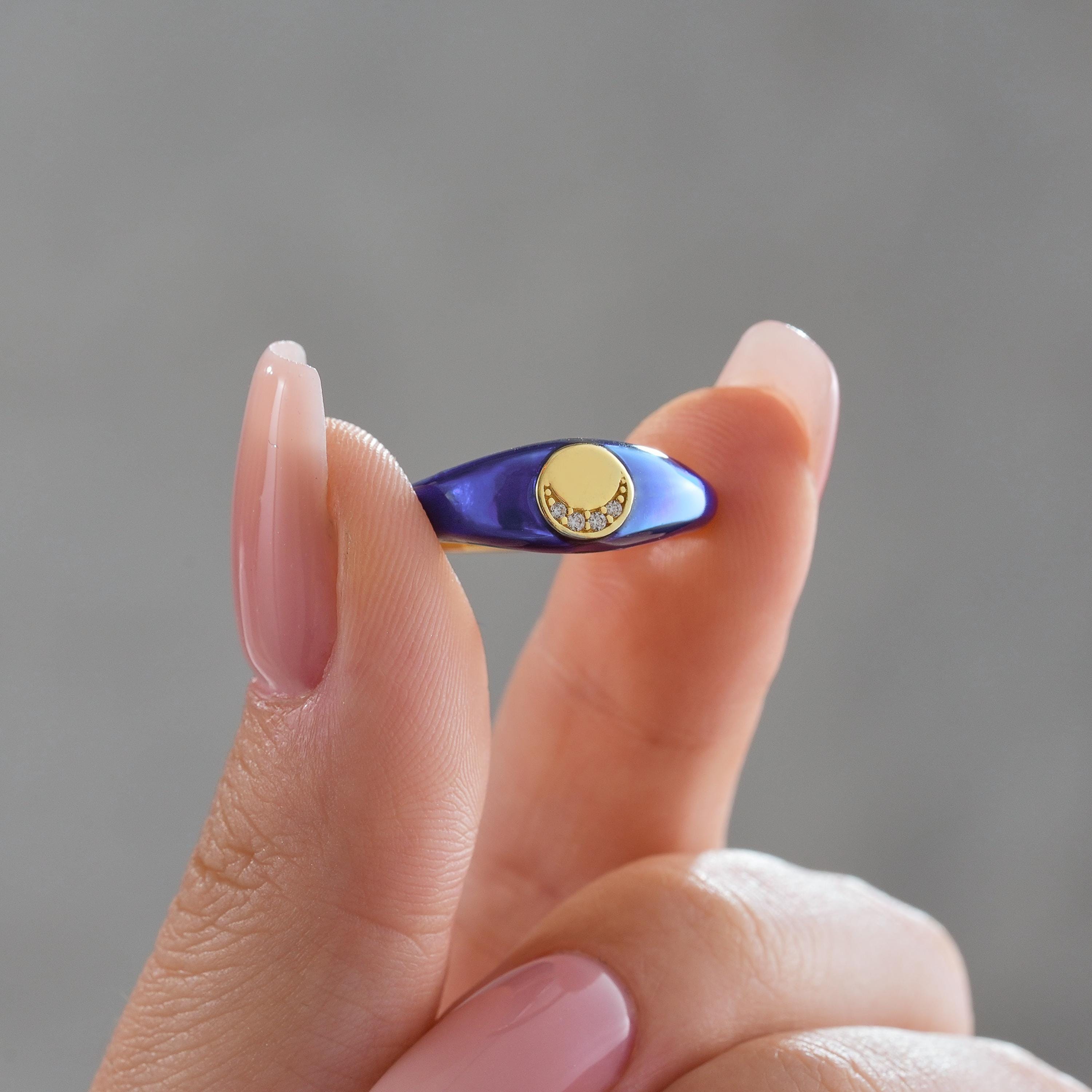 navy enamel statement ring solid gold round disk with crescent pavé CZ diamonds