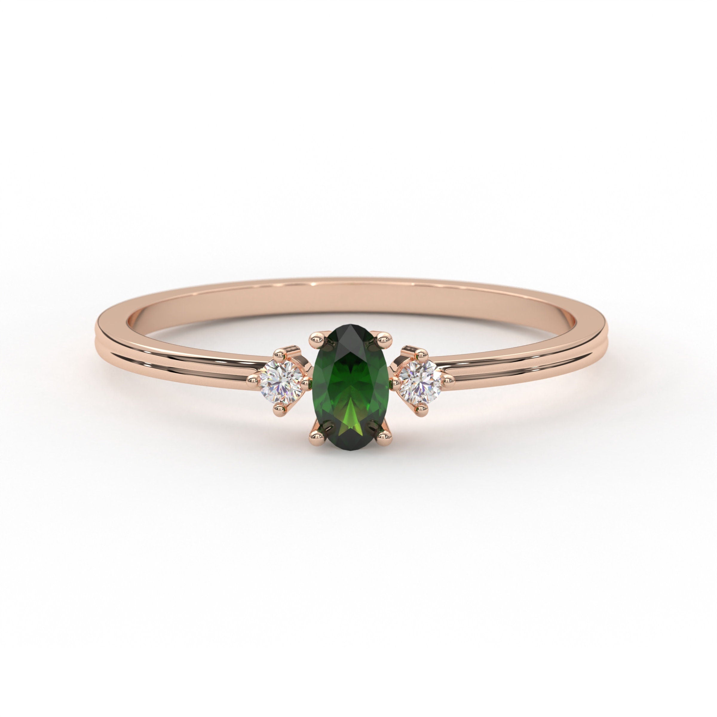 Solid Gold Emerald Ring Dainty Three Stone Stacking