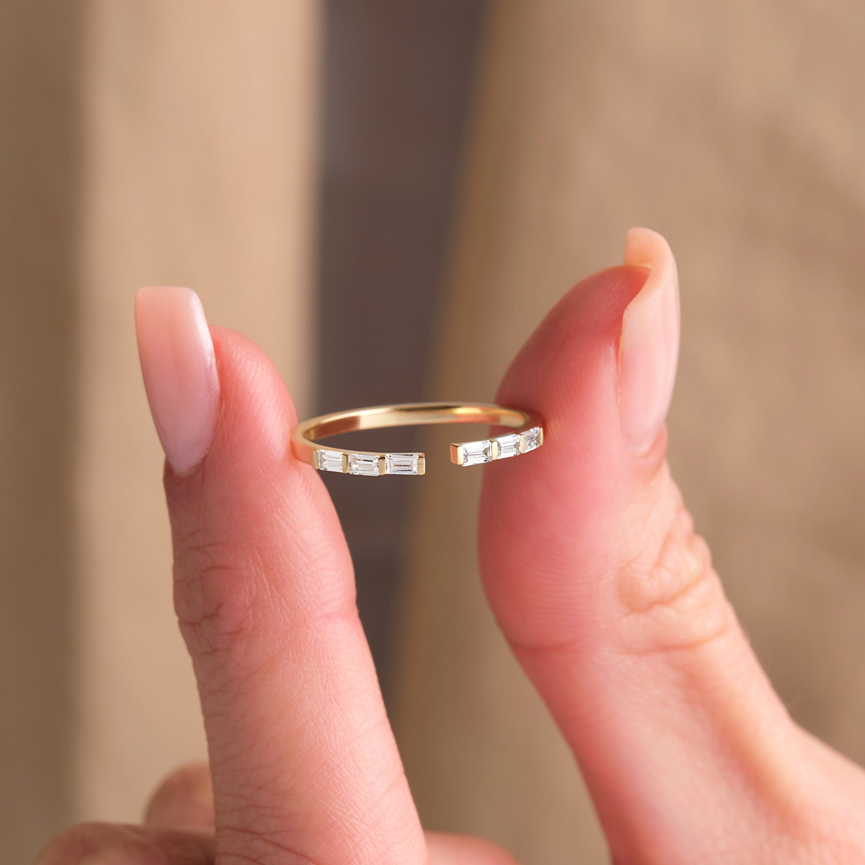 Baguette Diamond Ring Open Band Stacking Gold