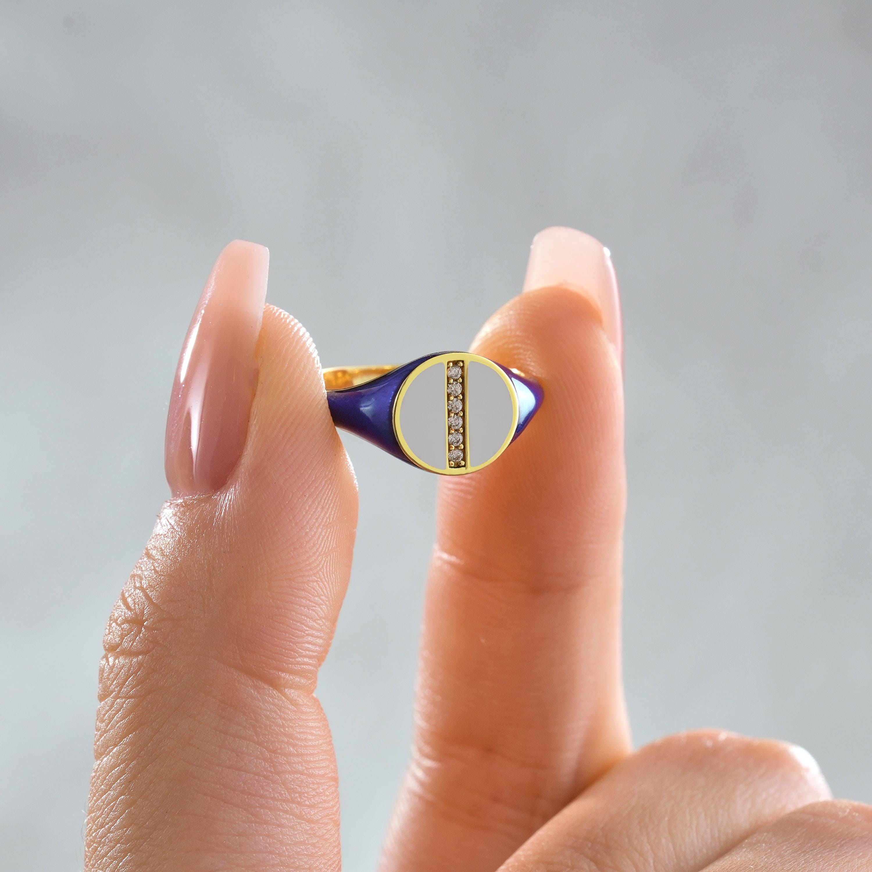 round diamond signet ring with navy enamel and white enamel