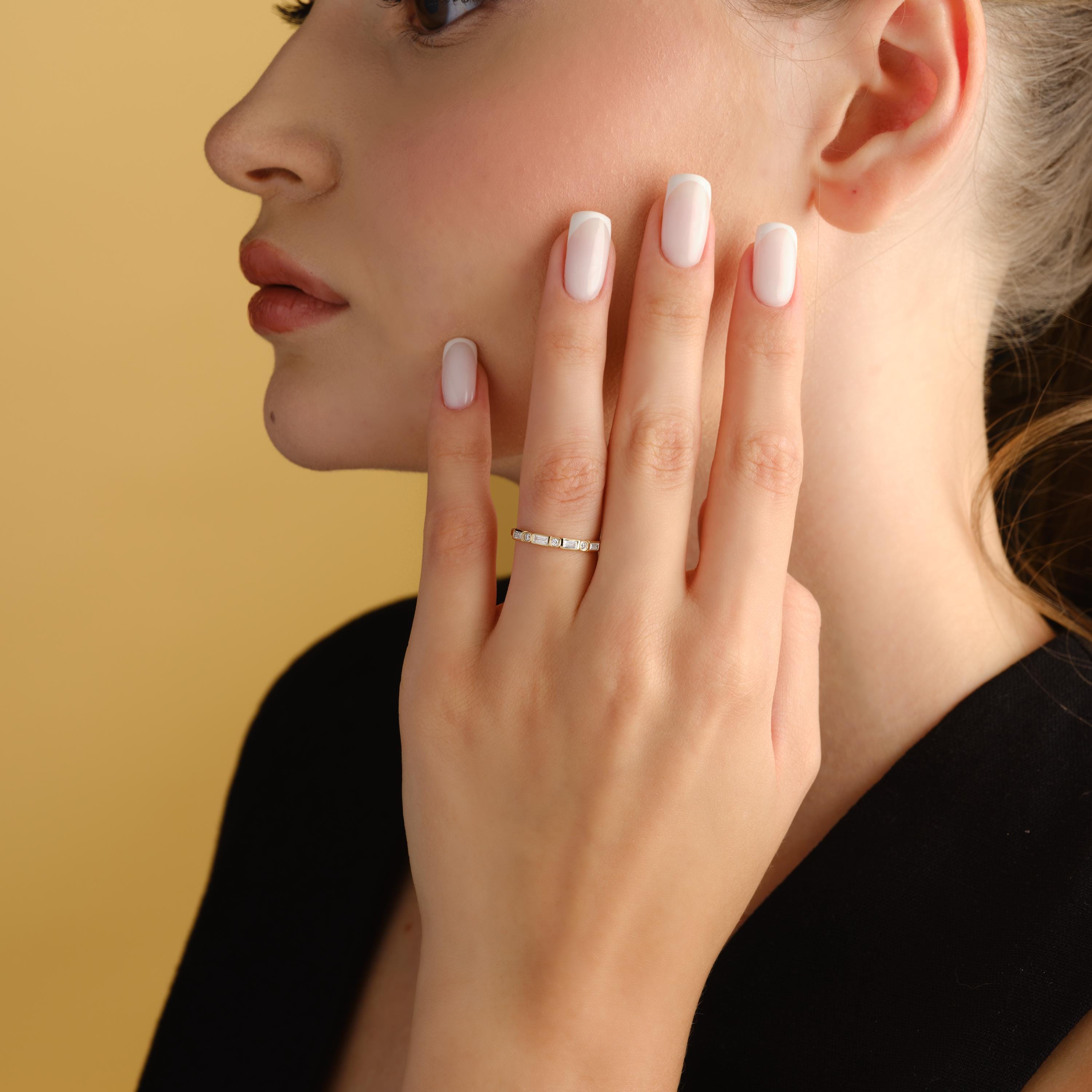 Bezel Setting Wedding Ring Solid Gold Baguette Diamond Band