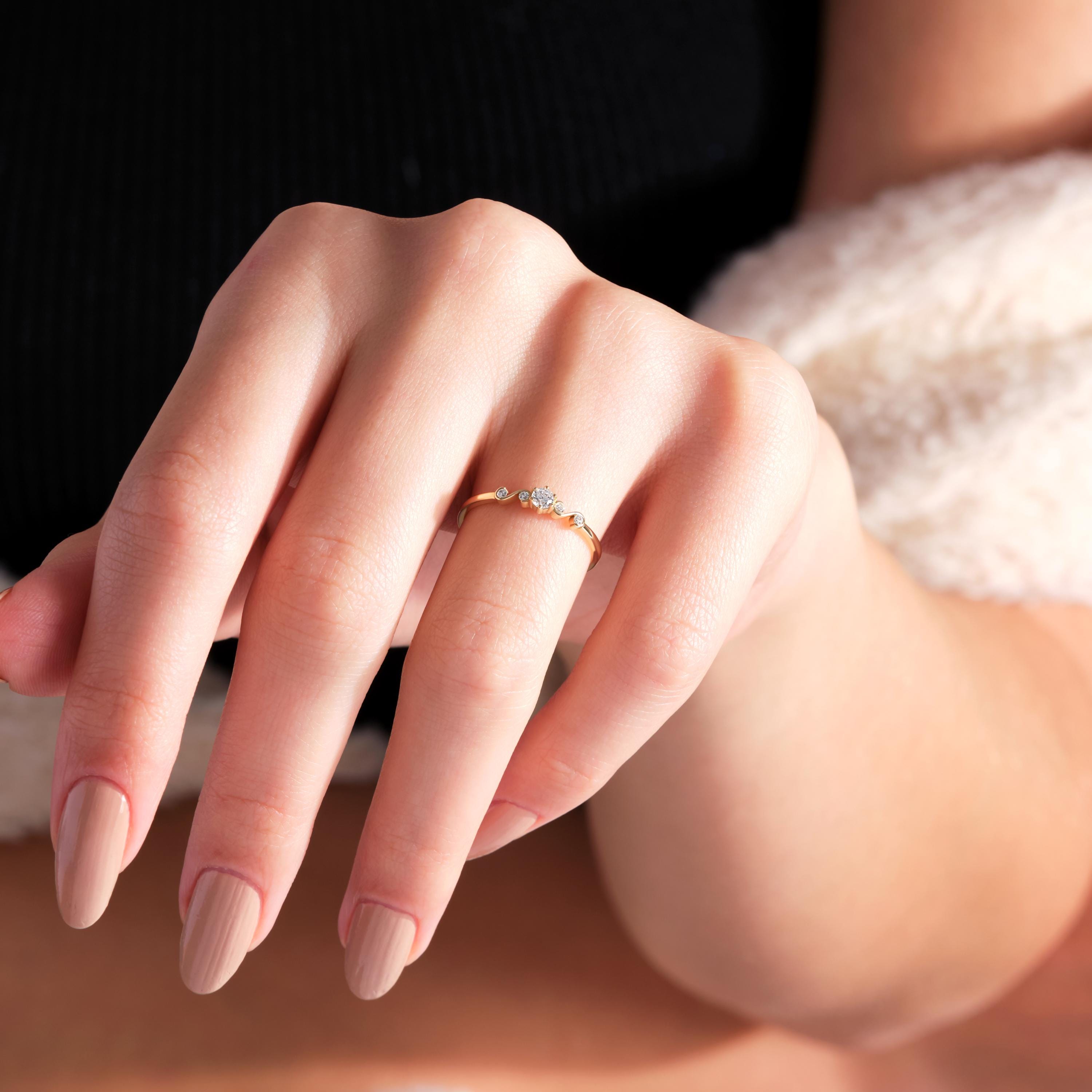 Dainty Diamond Ring Art Deco Solid Gold Multistone Bridal