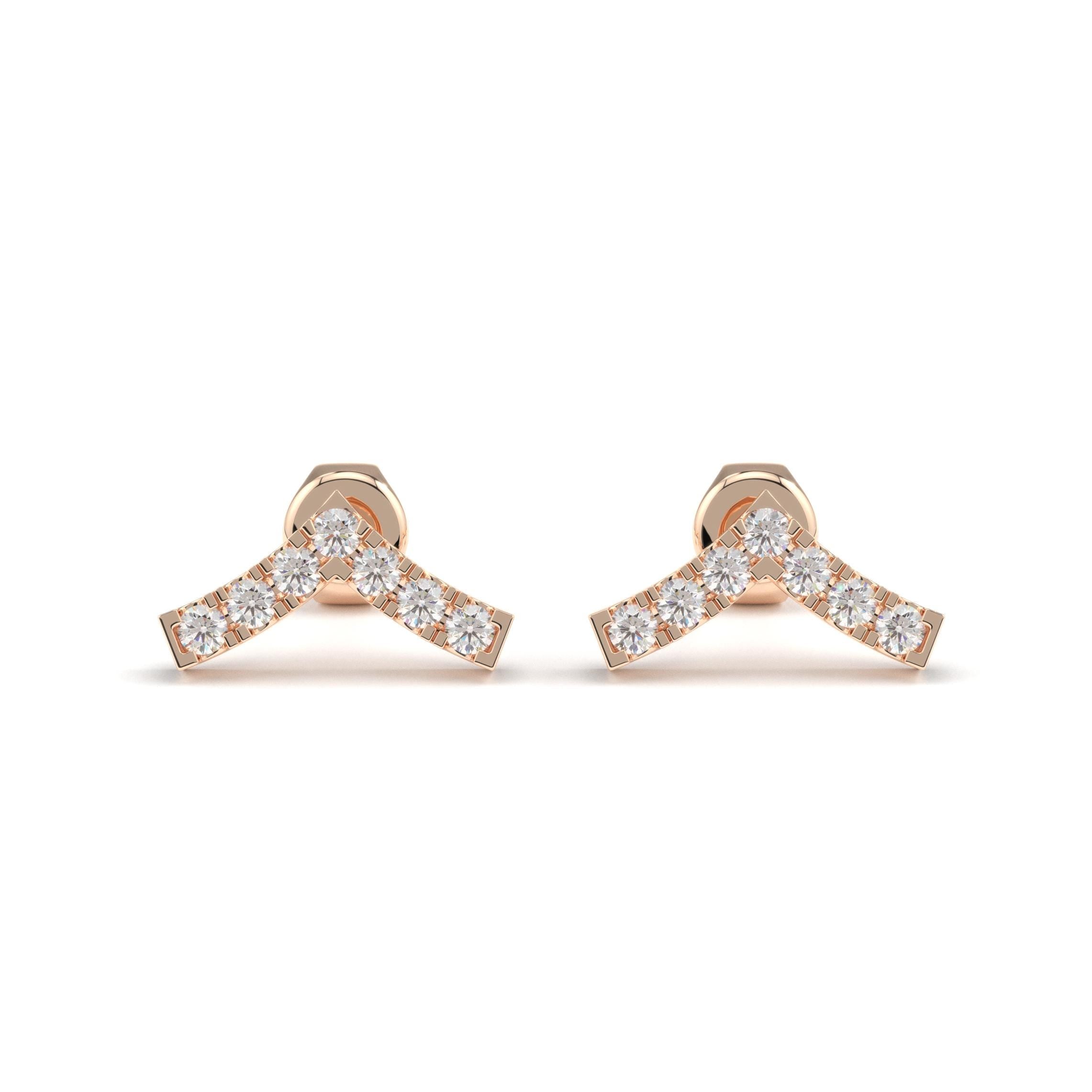 Rose Gold V Shaped Diamond Stud Earrings