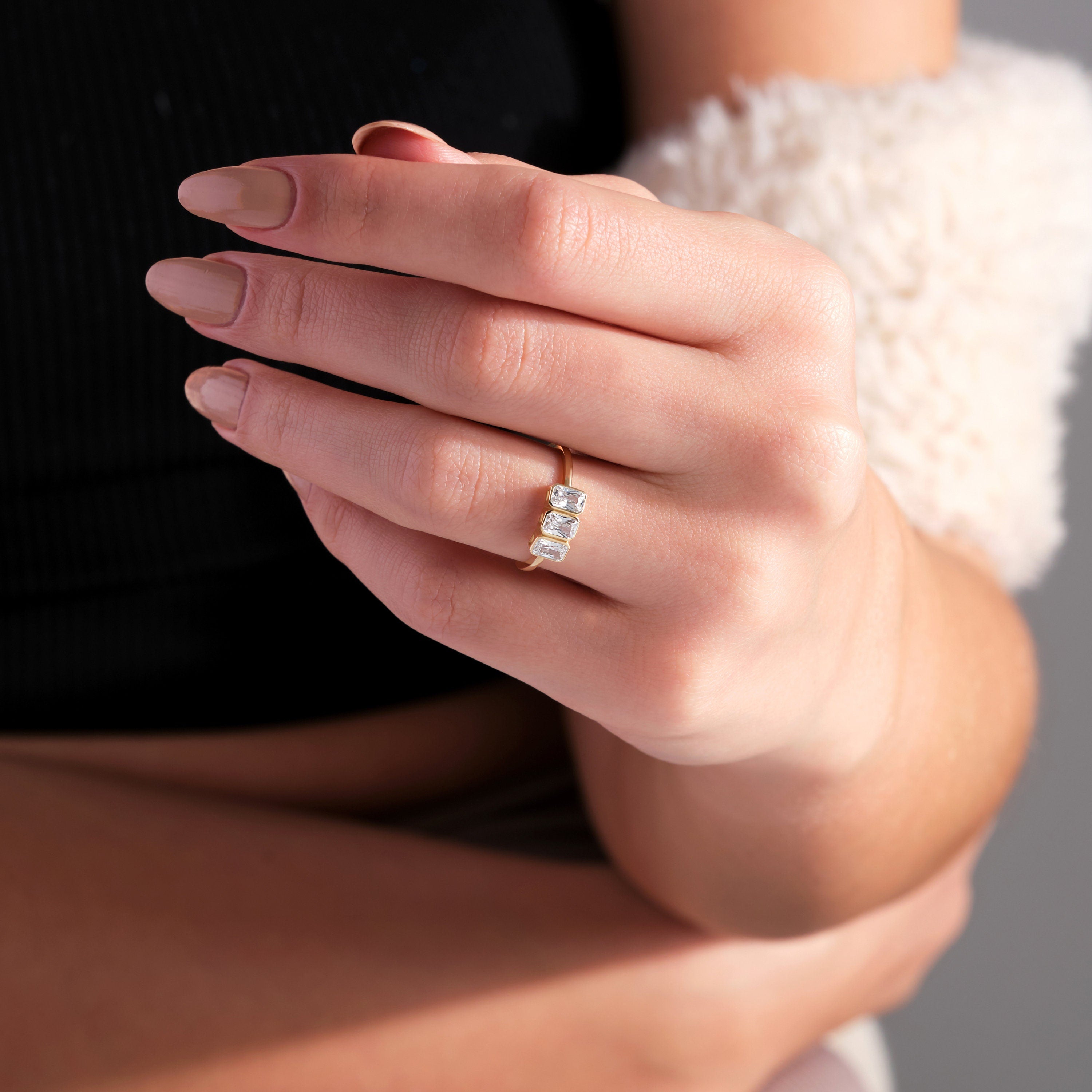 Emerald Engagement Ring Solid Gold Three Stone