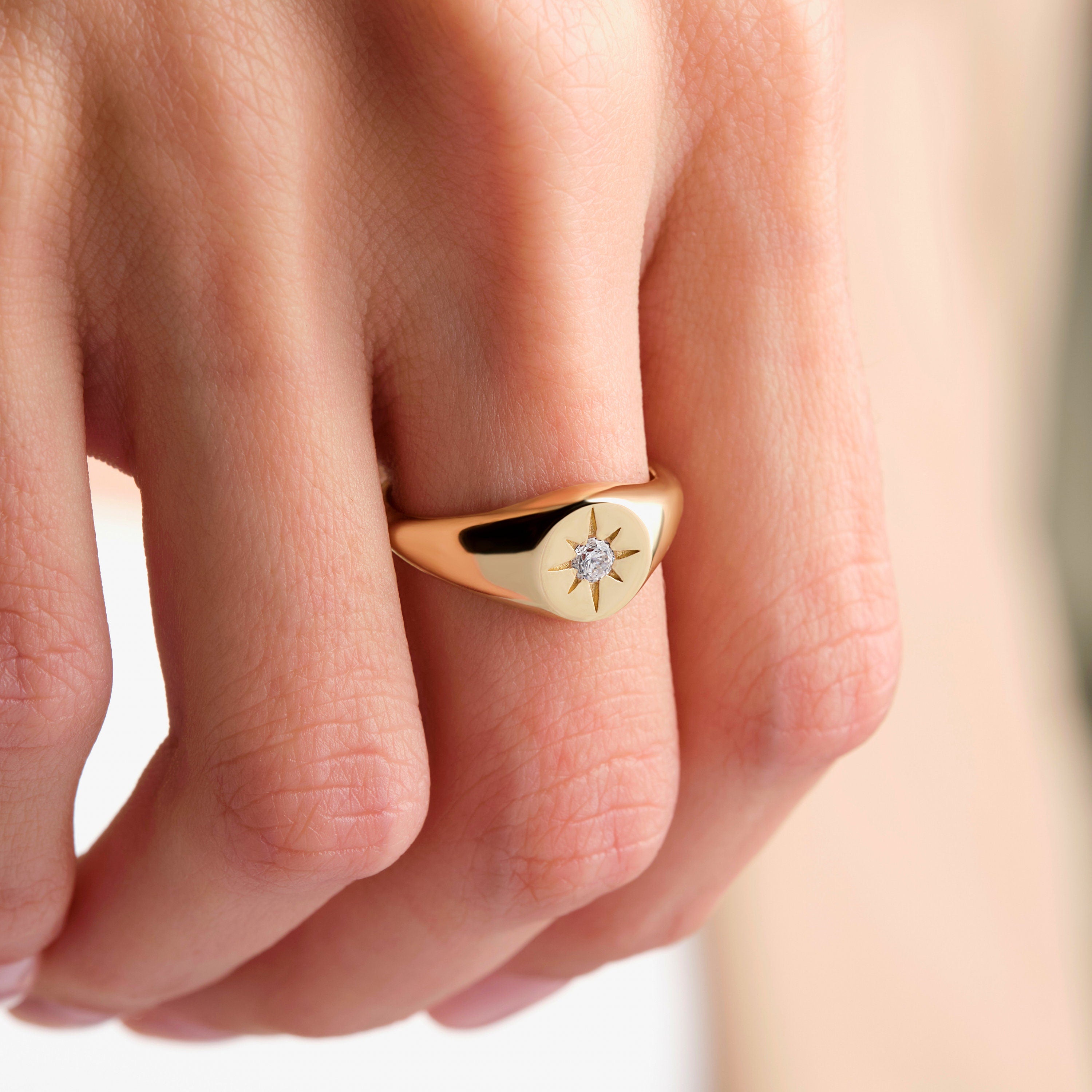 14K Gold Signet Ring Dainty Starburst Pinky