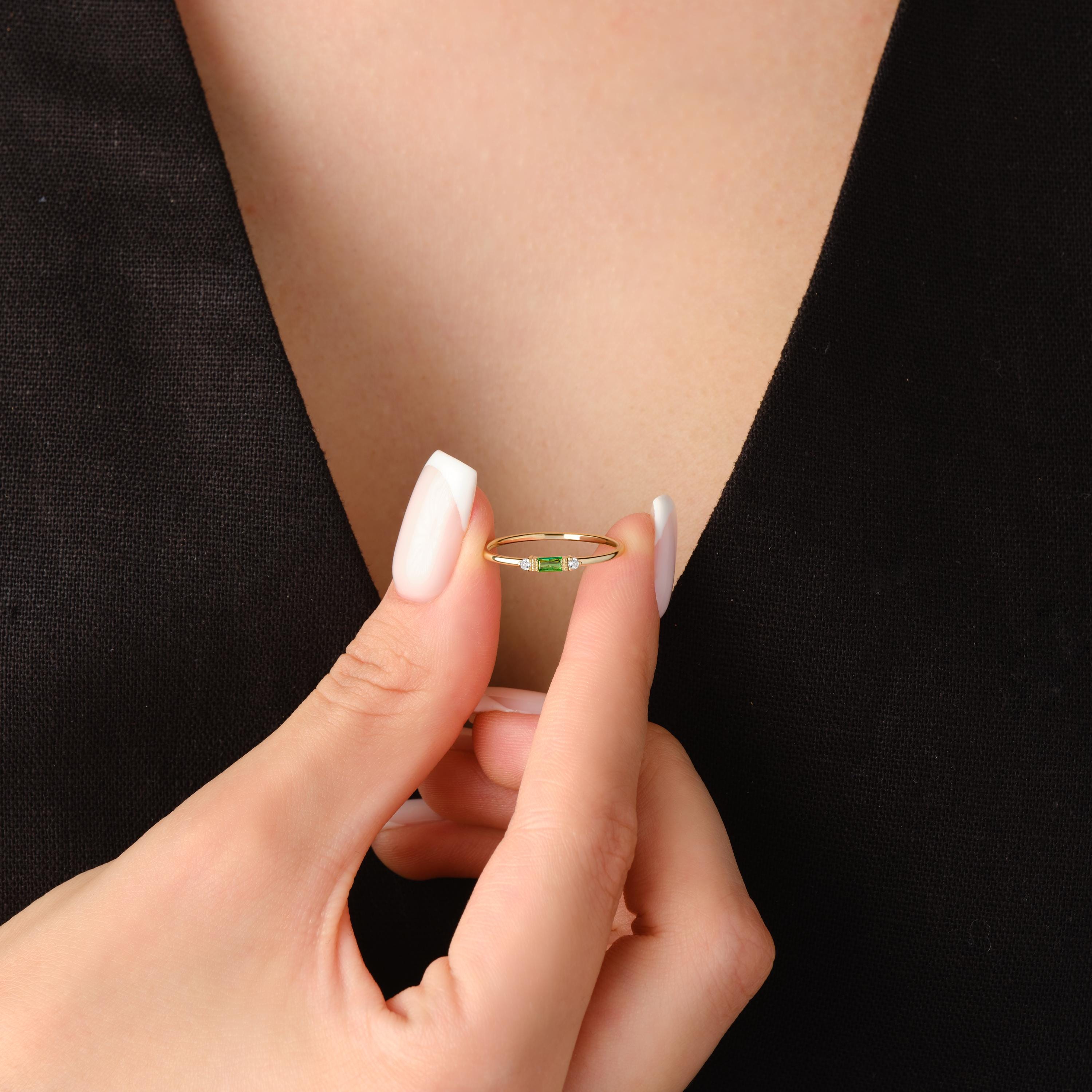 Emerald Stacking Gold Ring Custom Birthstone Three Stone