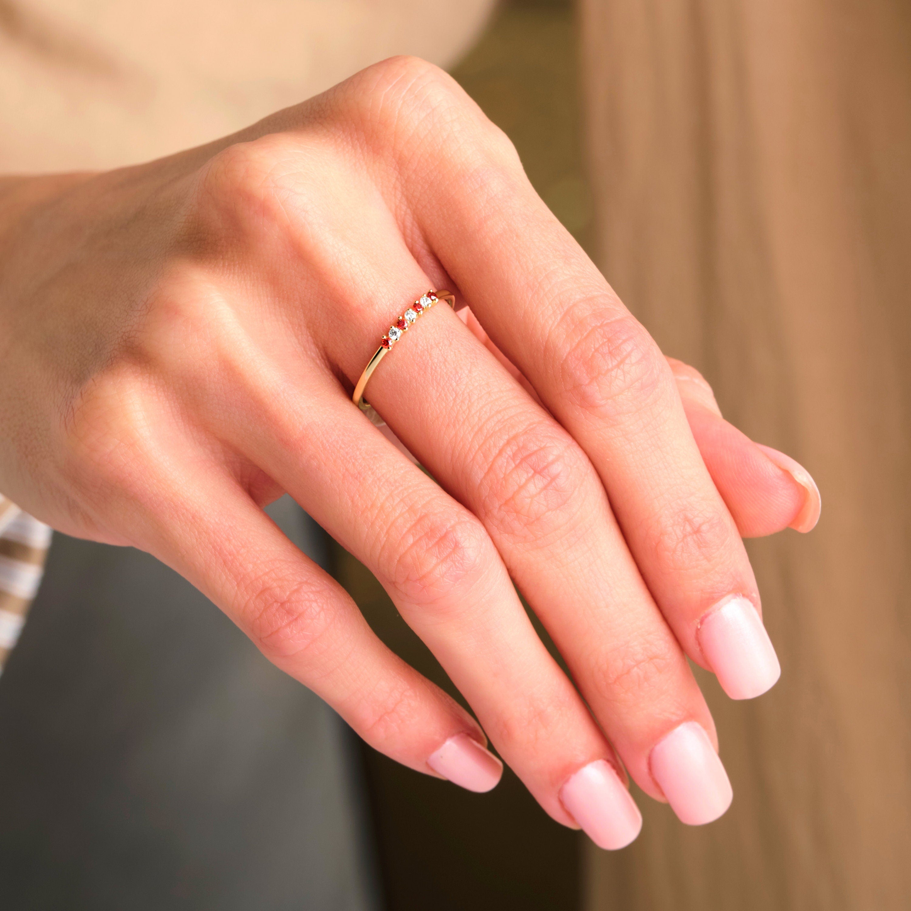 14k Rose Gold Garnet Ring Dainty Stackable Band