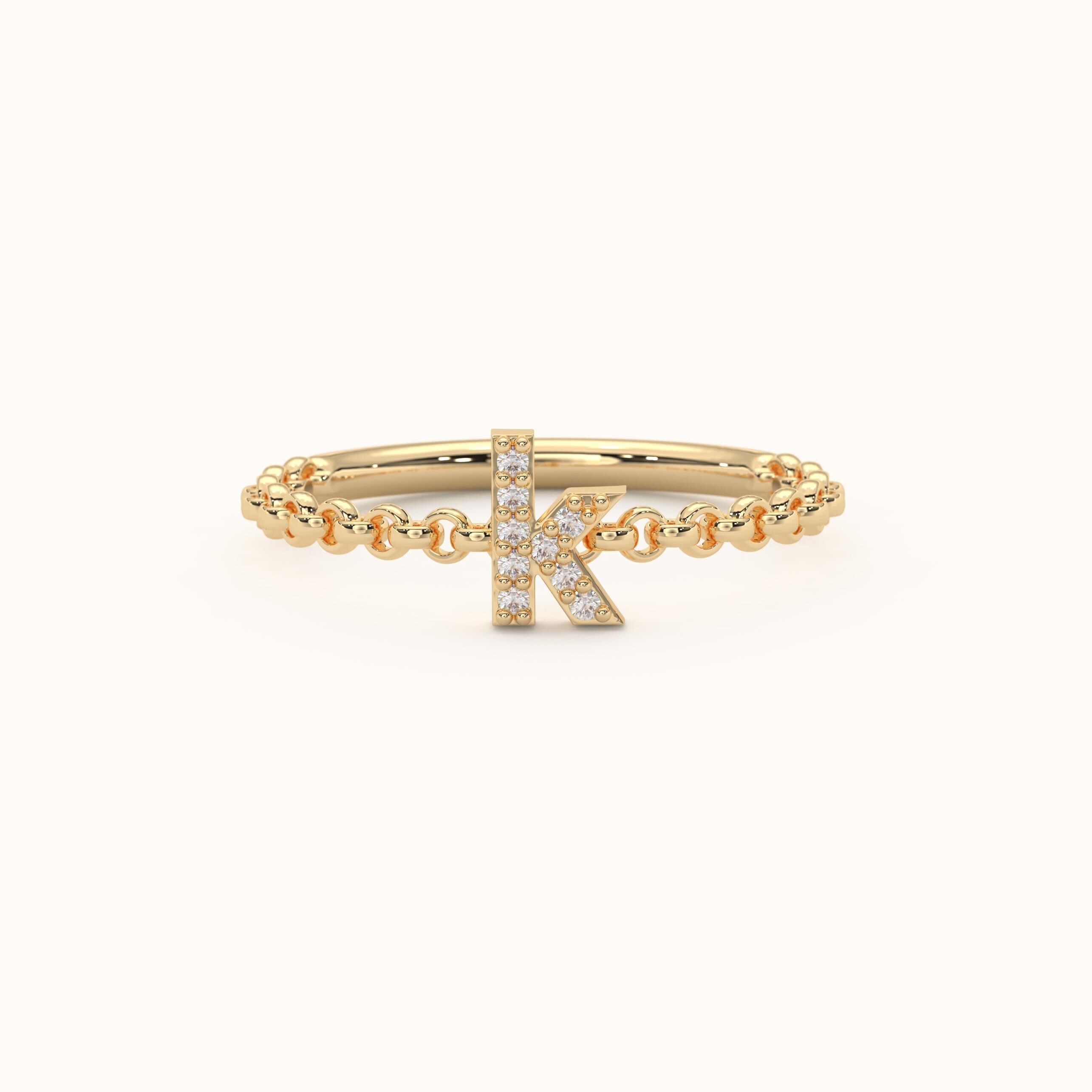 Gold Initial Ring Dainty Diamond Chain Band