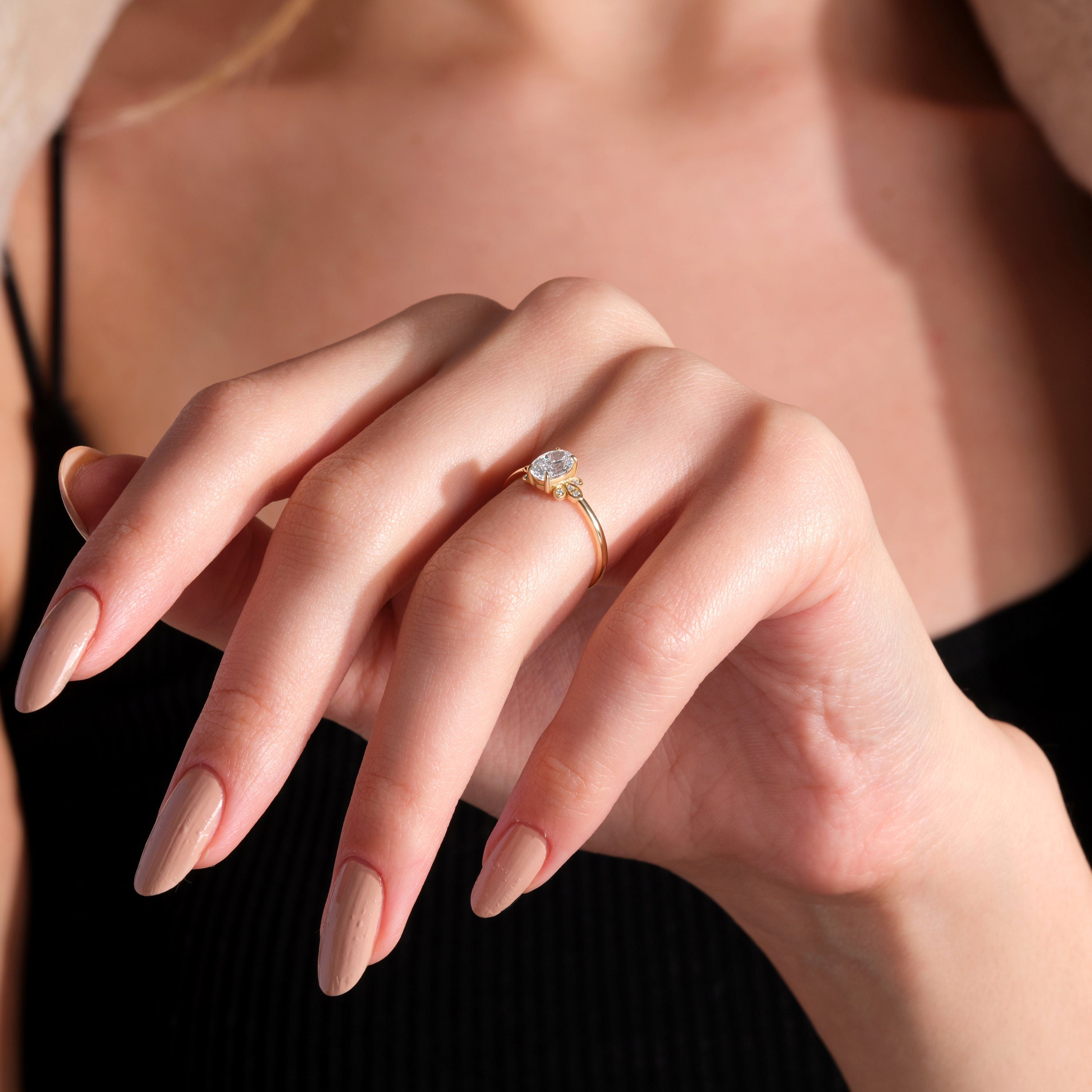 Solid Gold Floral Ring Oval Cut Diamond Cluster