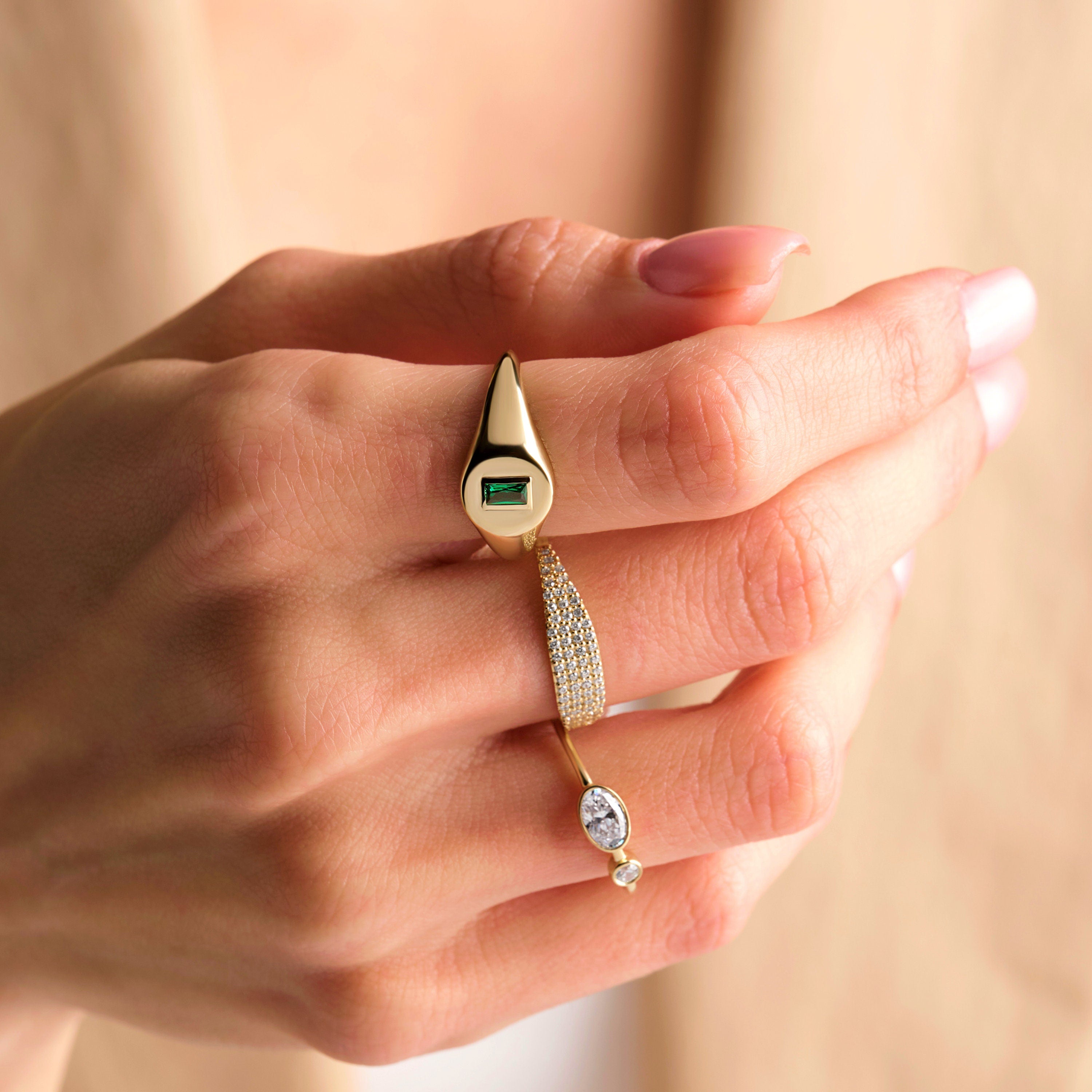 14K Gold Diamond Ring Bezel Set Oval Two Stone