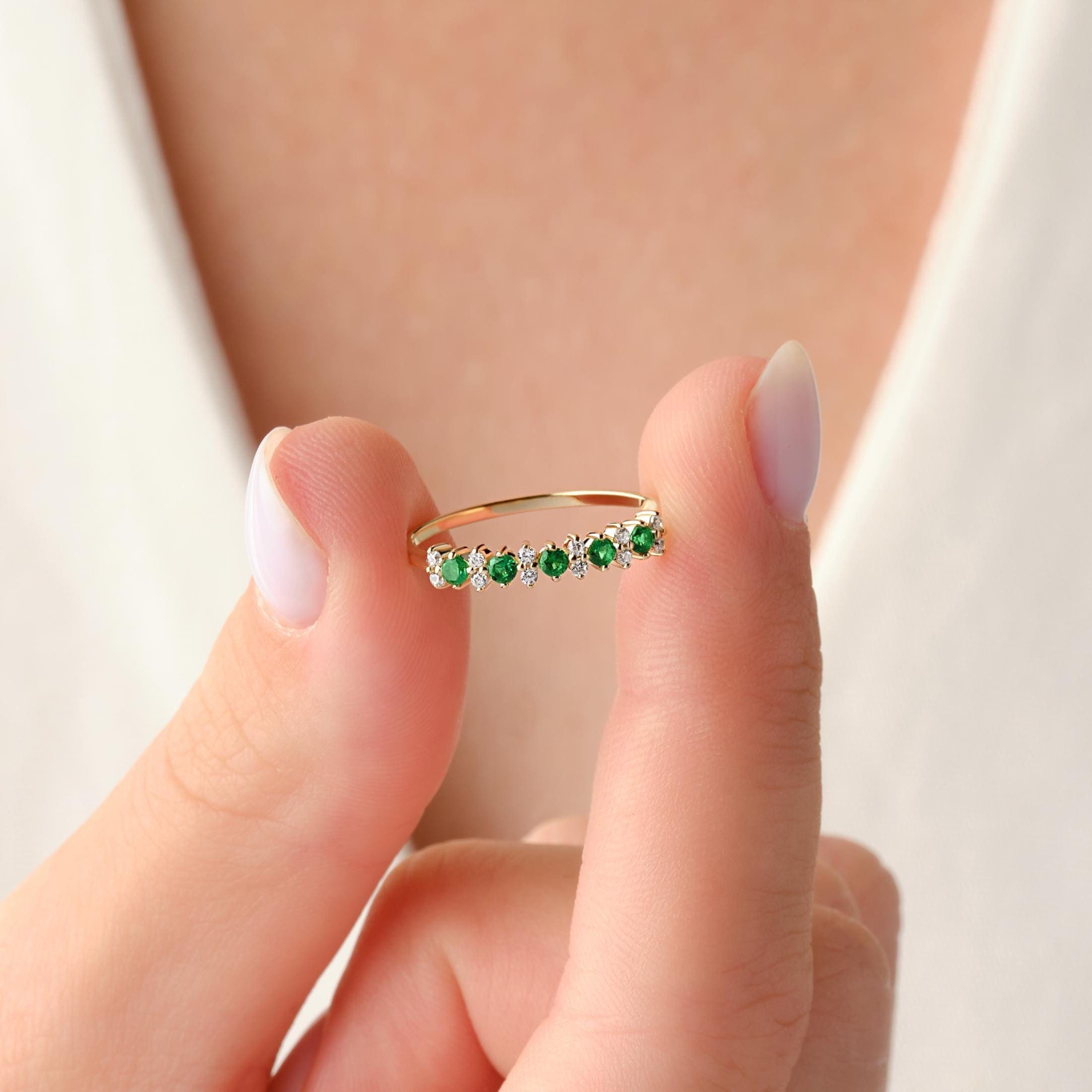 Emerald Engagement Ring Solid Gold Stacking Band