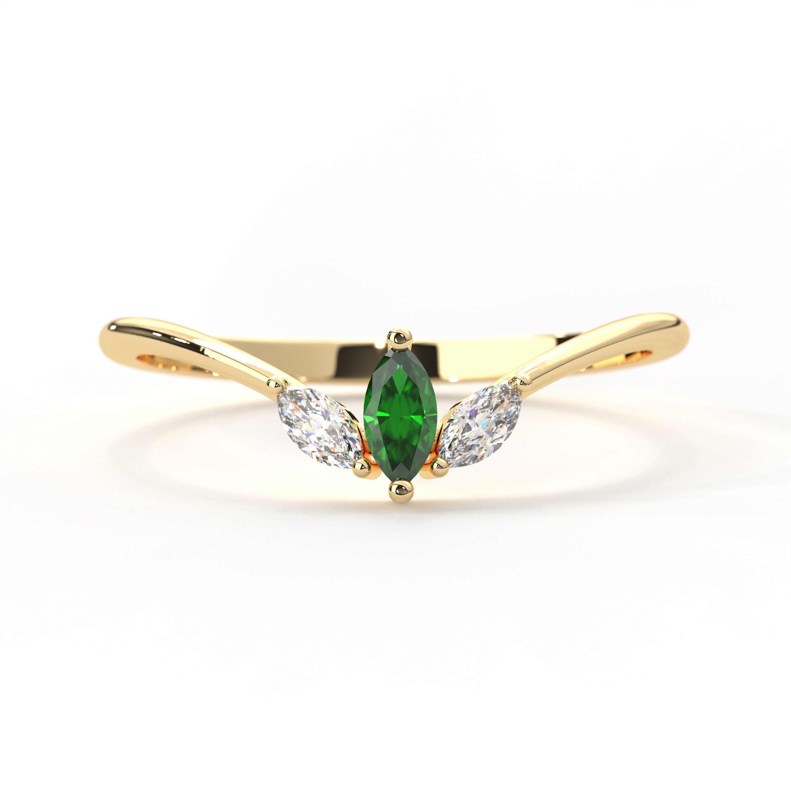 Marquise Emerald Diamond Ring, 14K Gold Arched V Ring, Green Gemstone Engagement Ring, Stacking Wedding Band, Promising Bridal Jewelry Gift
