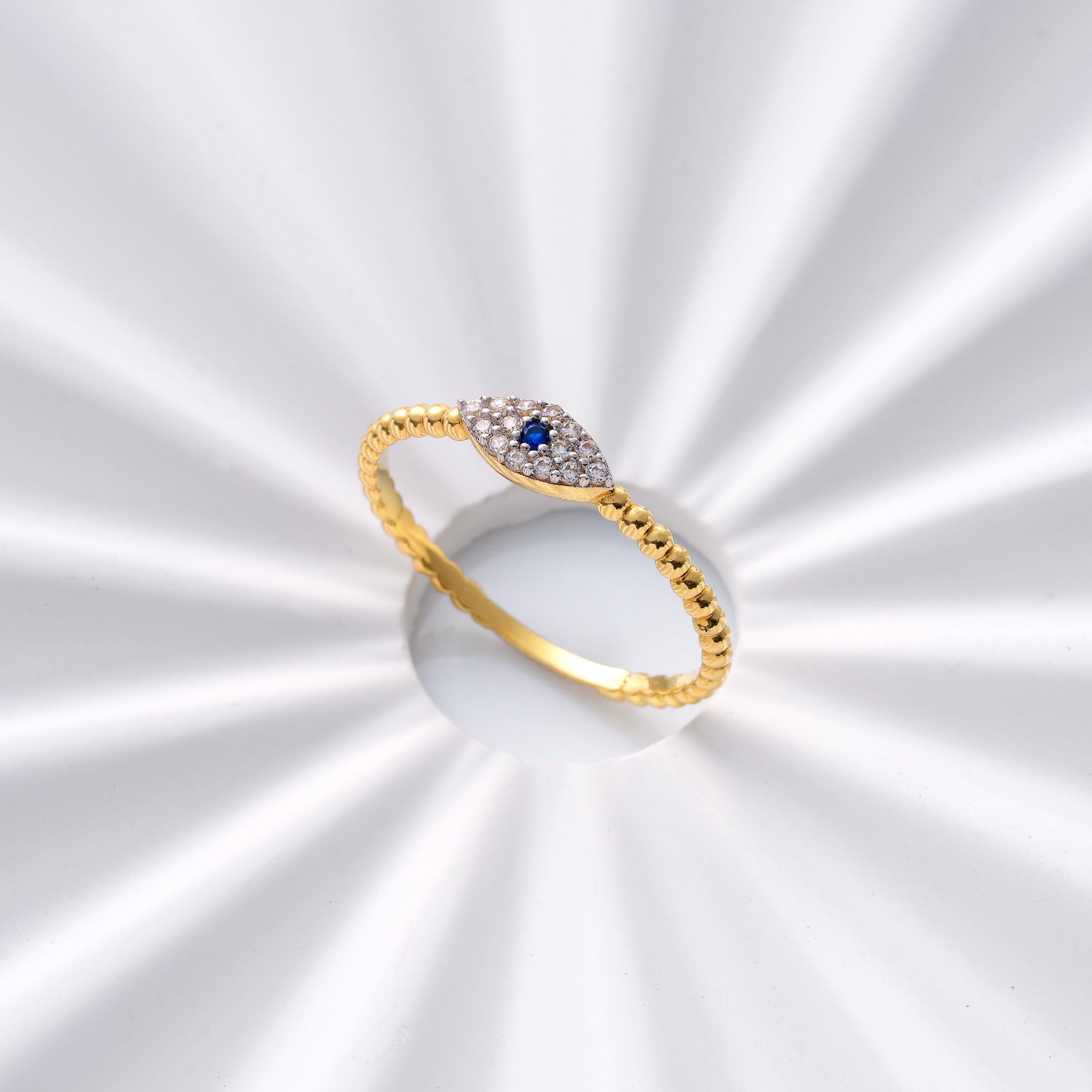 evil eye sapphire blue CZ diamond ring 14k gold beaded band minimalist stackable jewelry