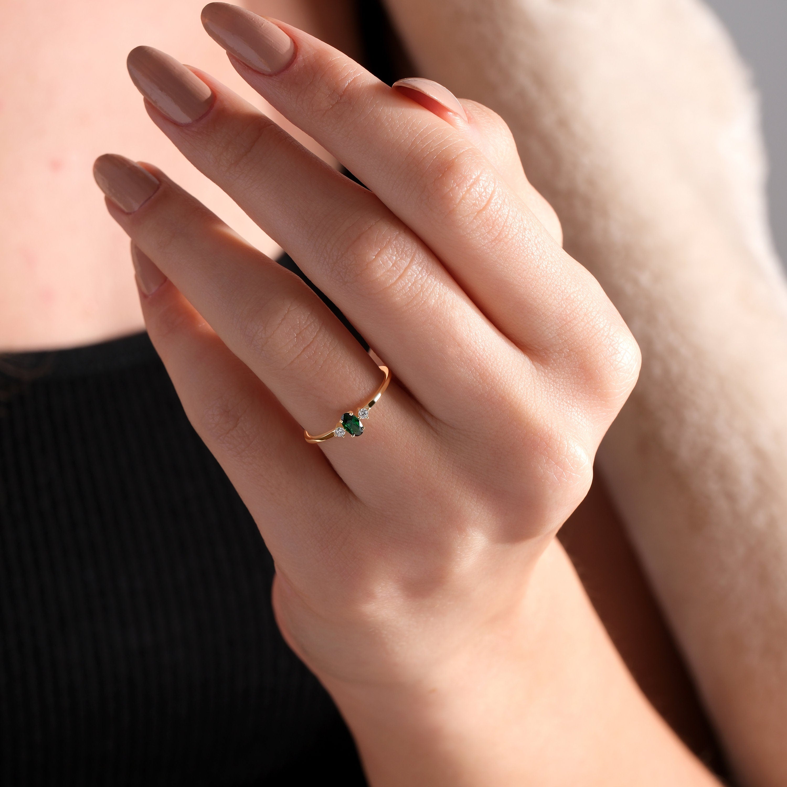 Solid Gold Emerald Ring Dainty Three Stone Stacking