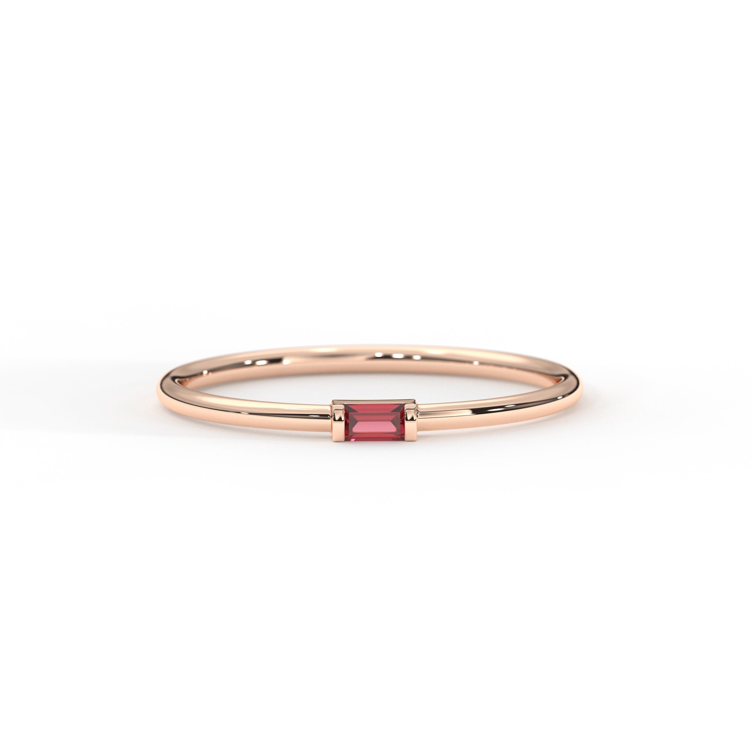 Solid Gold Dainty Stackable Baguette Birthstone Ring