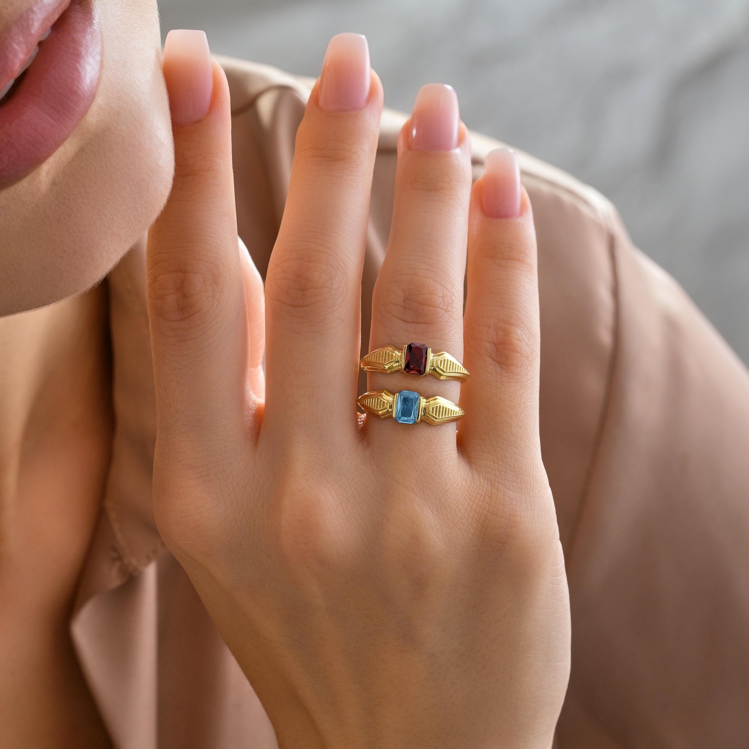 Emerald Cut Personalizable Birthstone Rings in Solid Gold