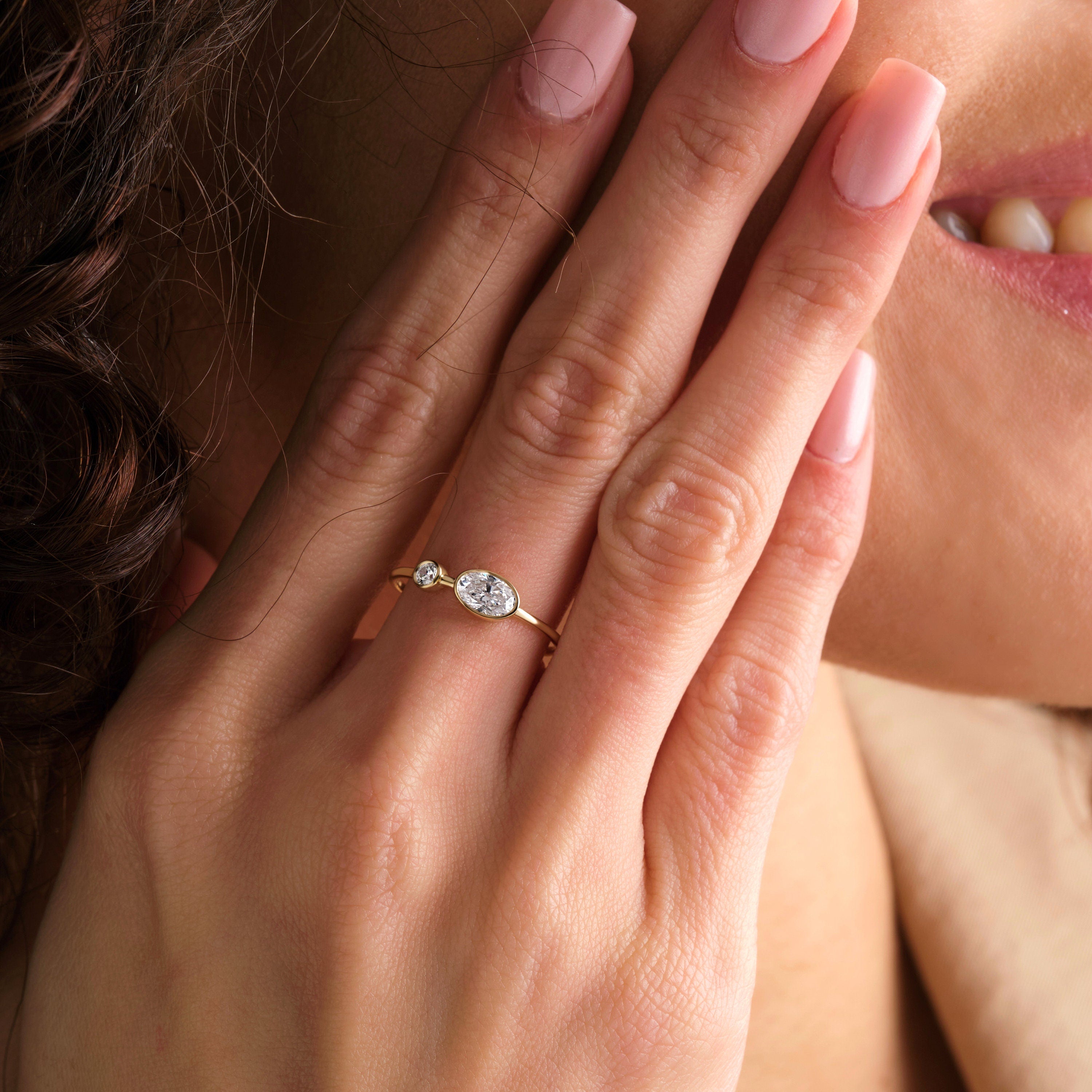 14K Gold Diamond Ring Bezel Set Oval Two Stone