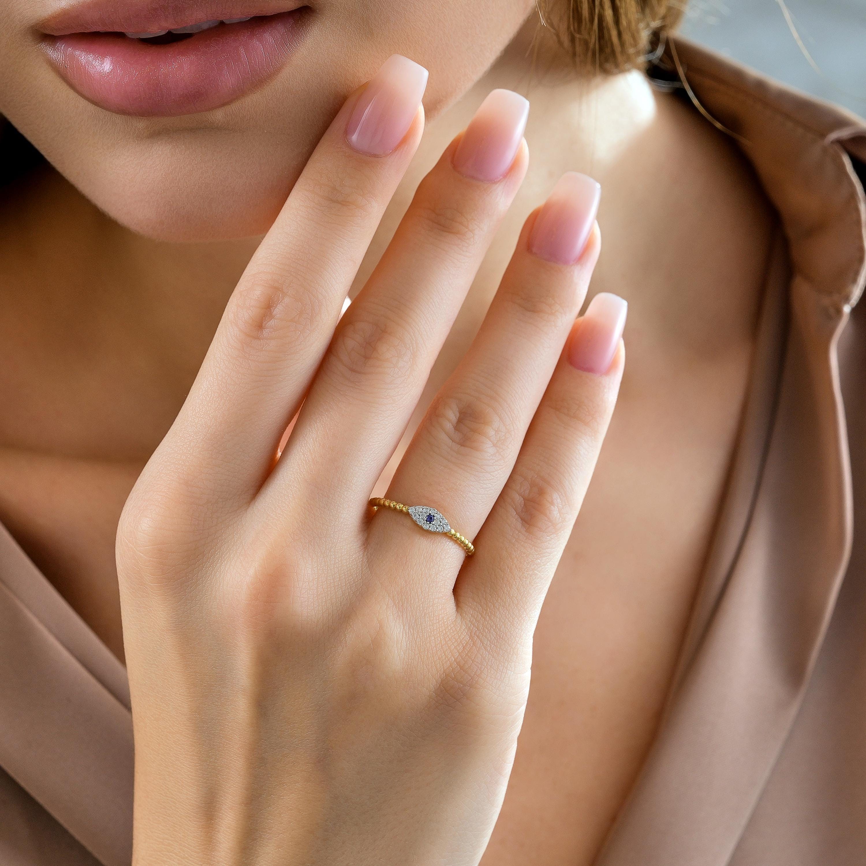 Evil Eye Gold Ring Dainty Marquise Blue Stone