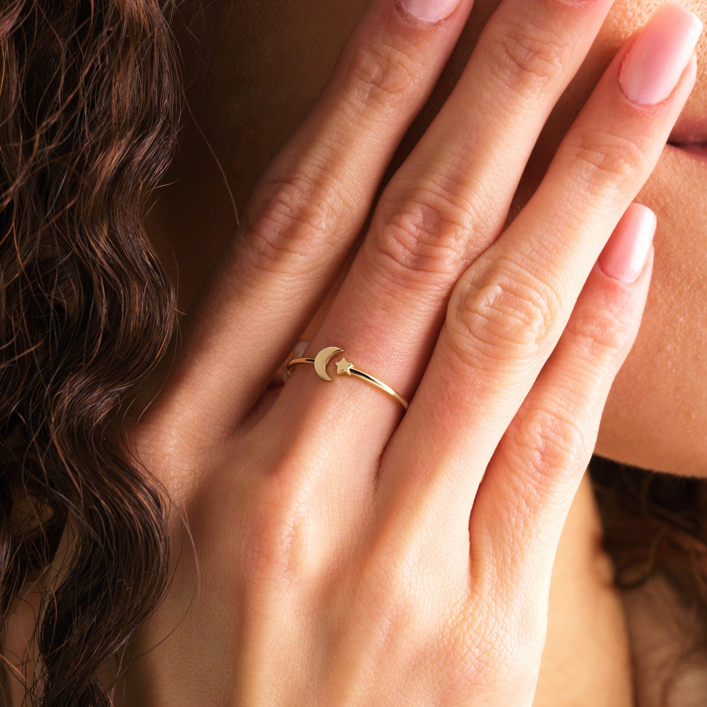 Solid Gold Moon Ring Celestial Petite