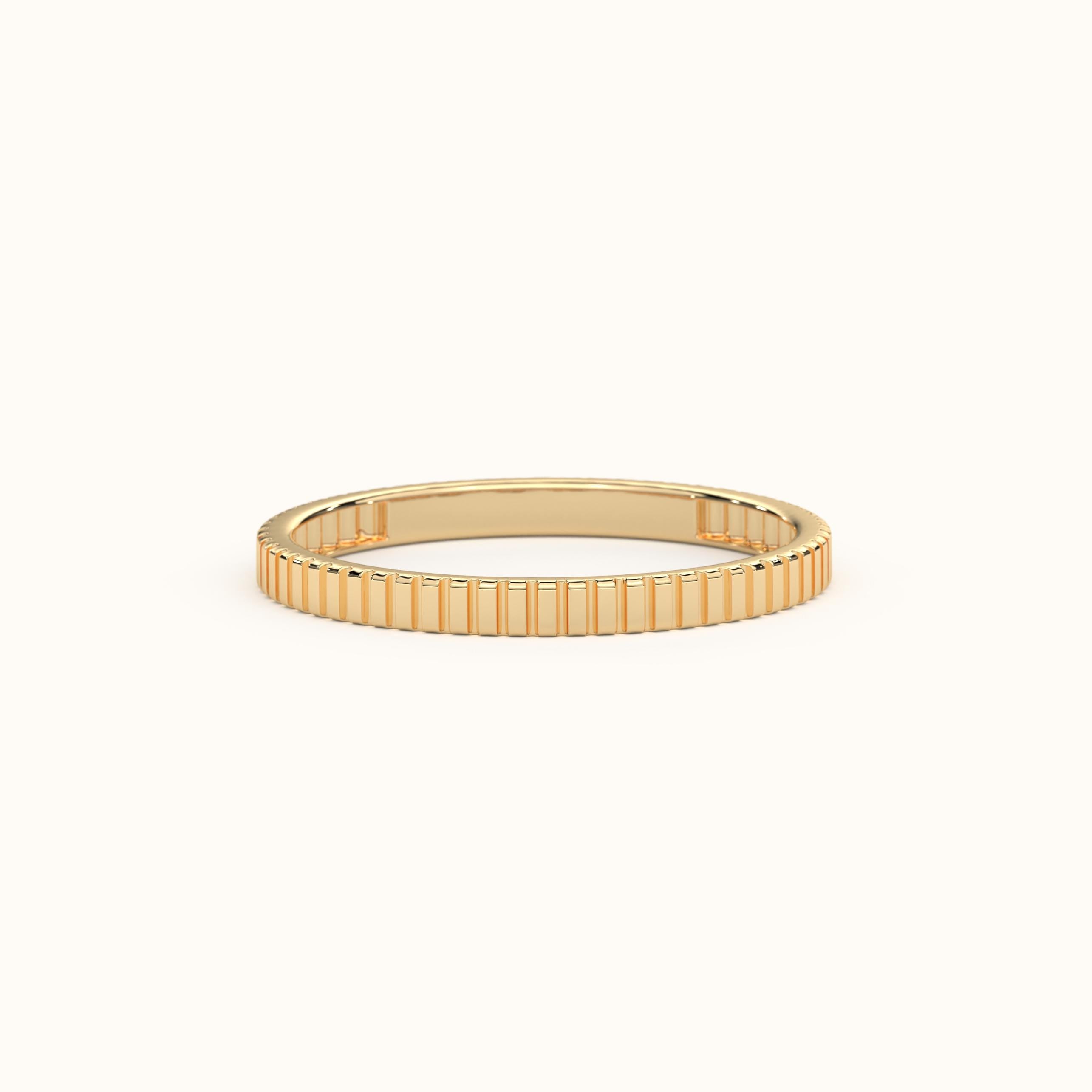 14K Gold Wedding Band Textured Ribbed Ring