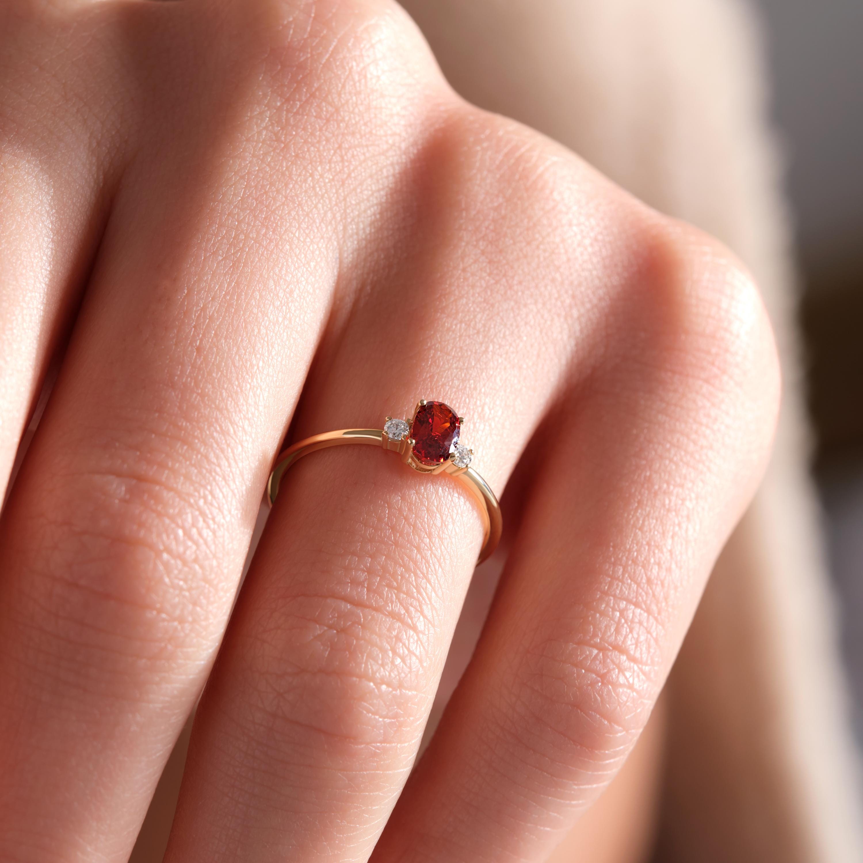 14k Gold Birthstone Ring Custom Bridal With Garnet Oval Cut
