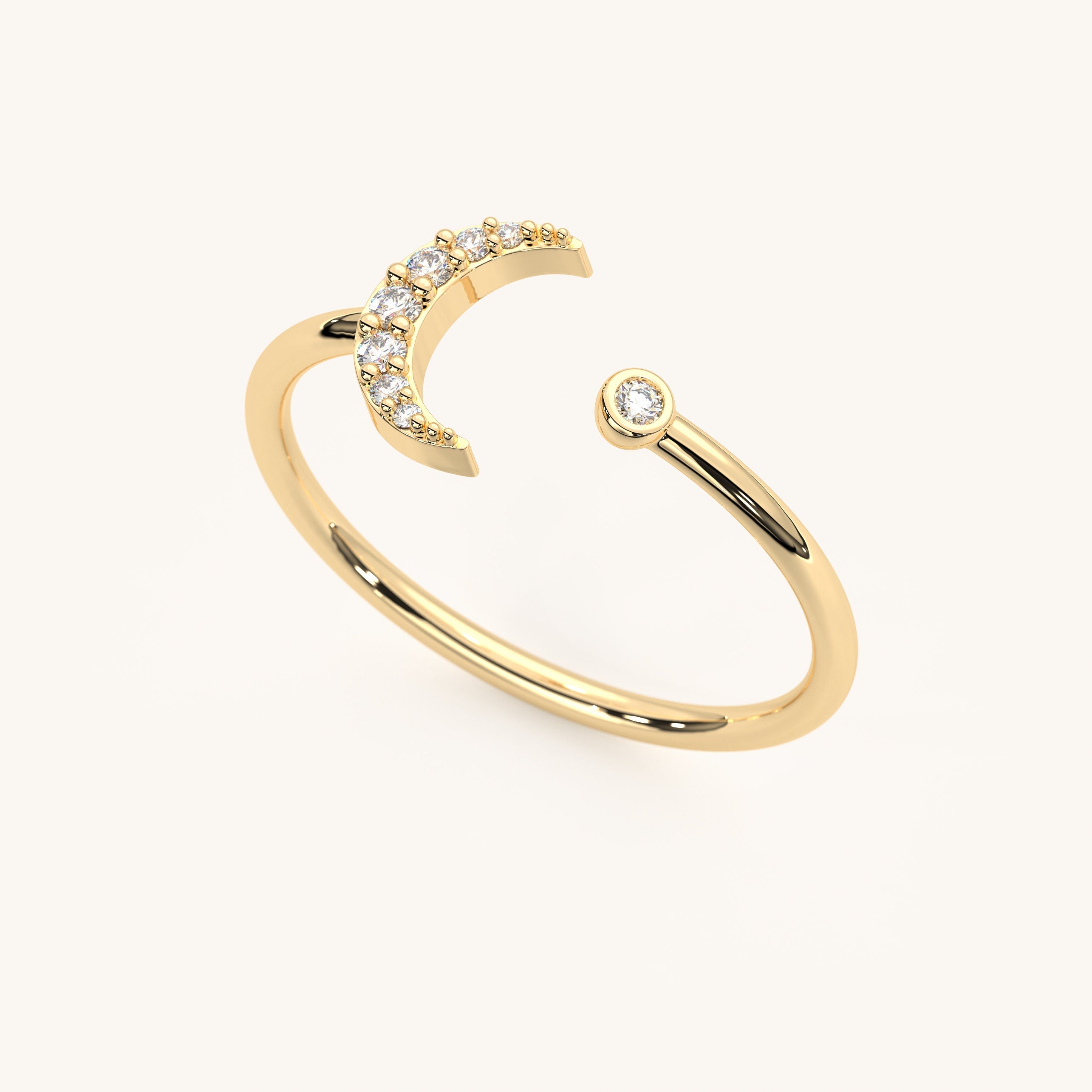 18K Gold Moon Ring Dainty Crescent Diamond Band