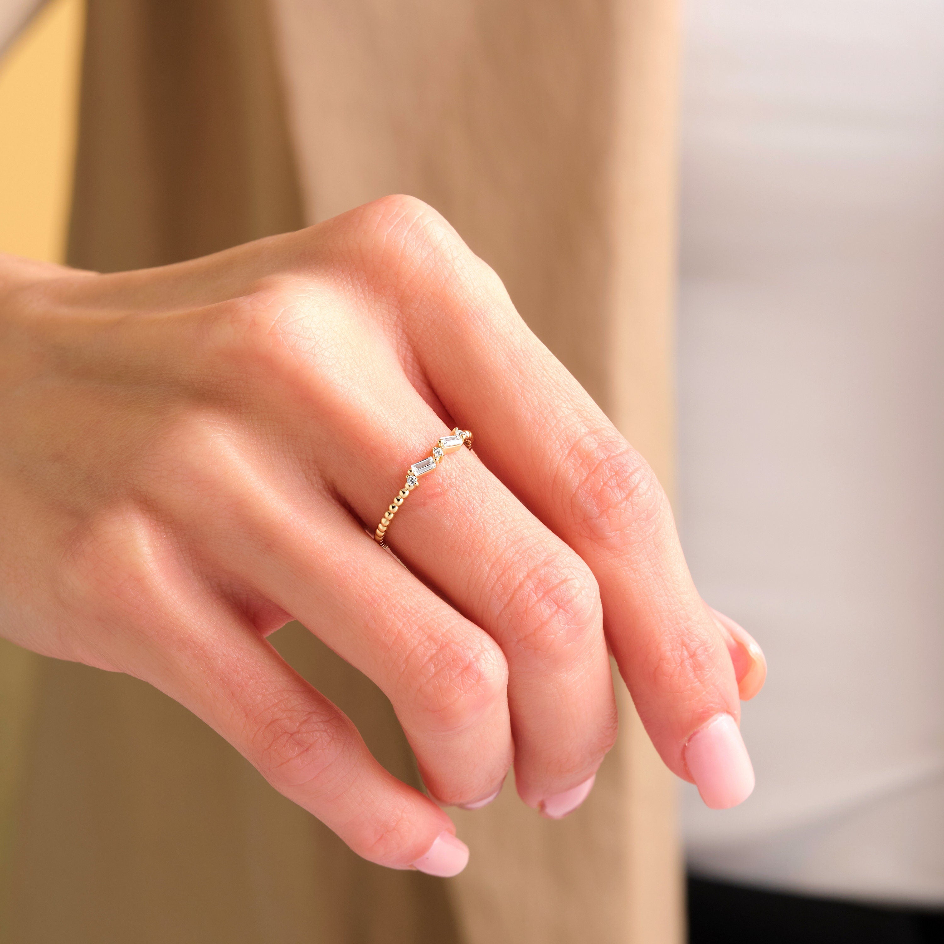 Beaded Band Diamond Cluster Gold Baguette Ring