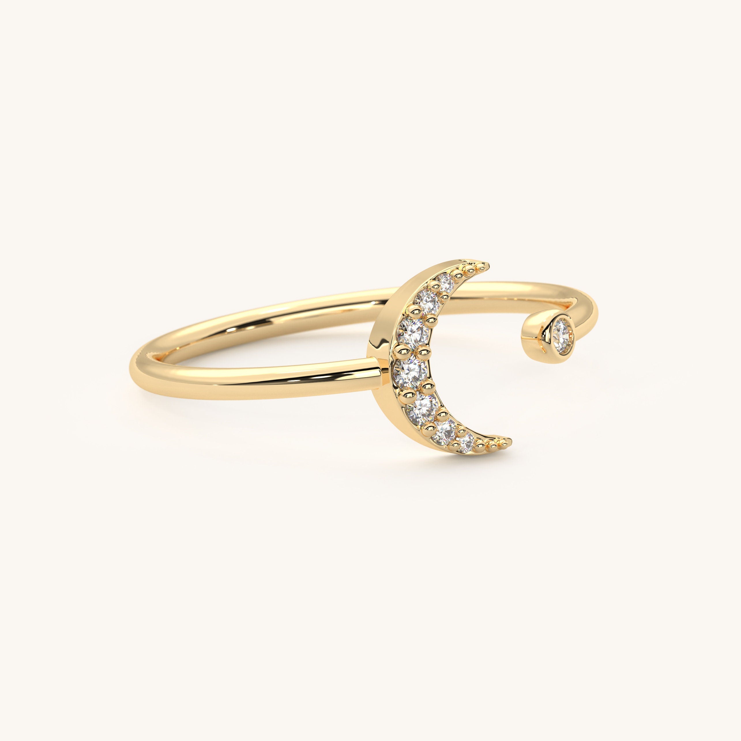 18K Gold Moon Ring Dainty Crescent Diamond Band