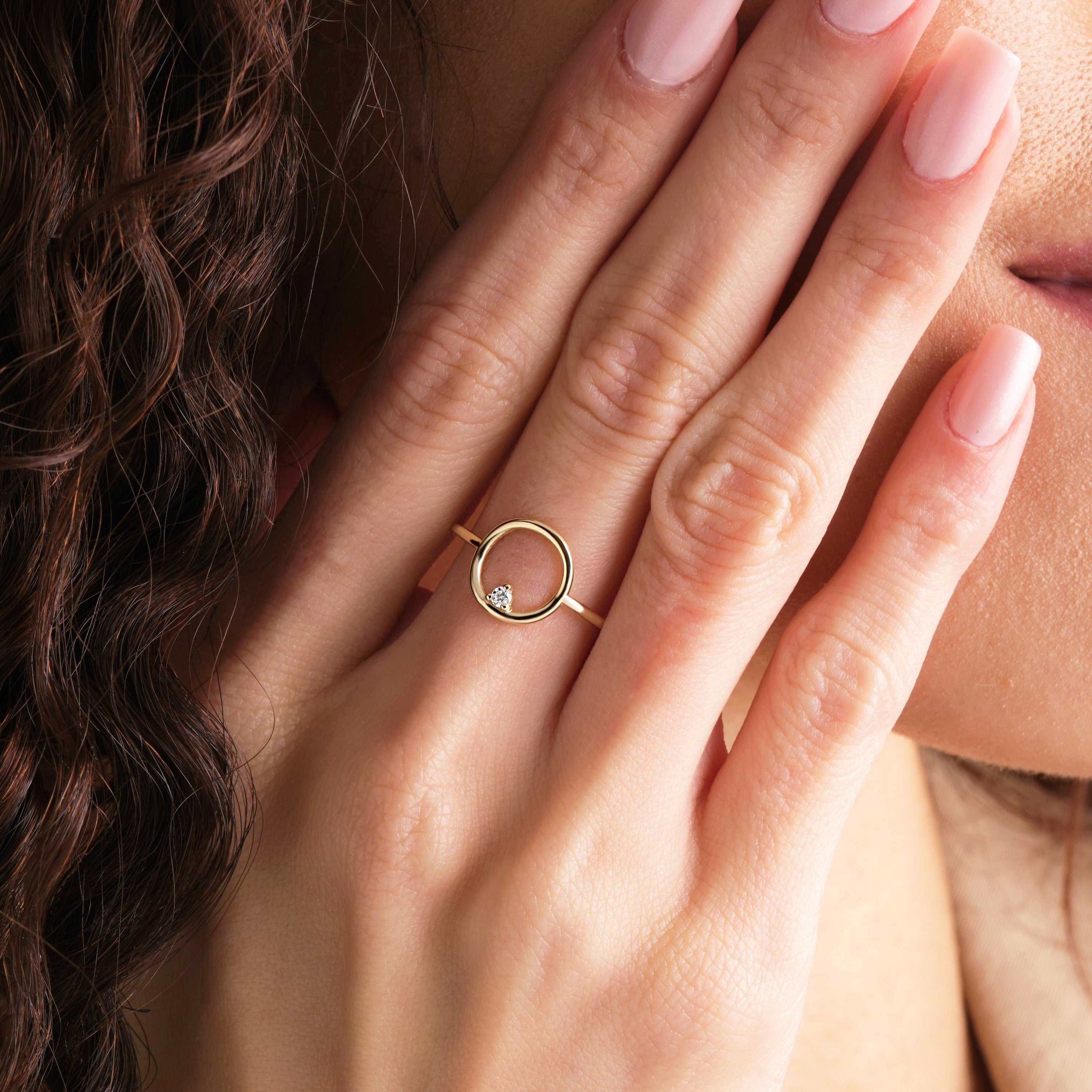 14k Gold Open Circle Ring Solid Gold Solitaire CZ Diamond