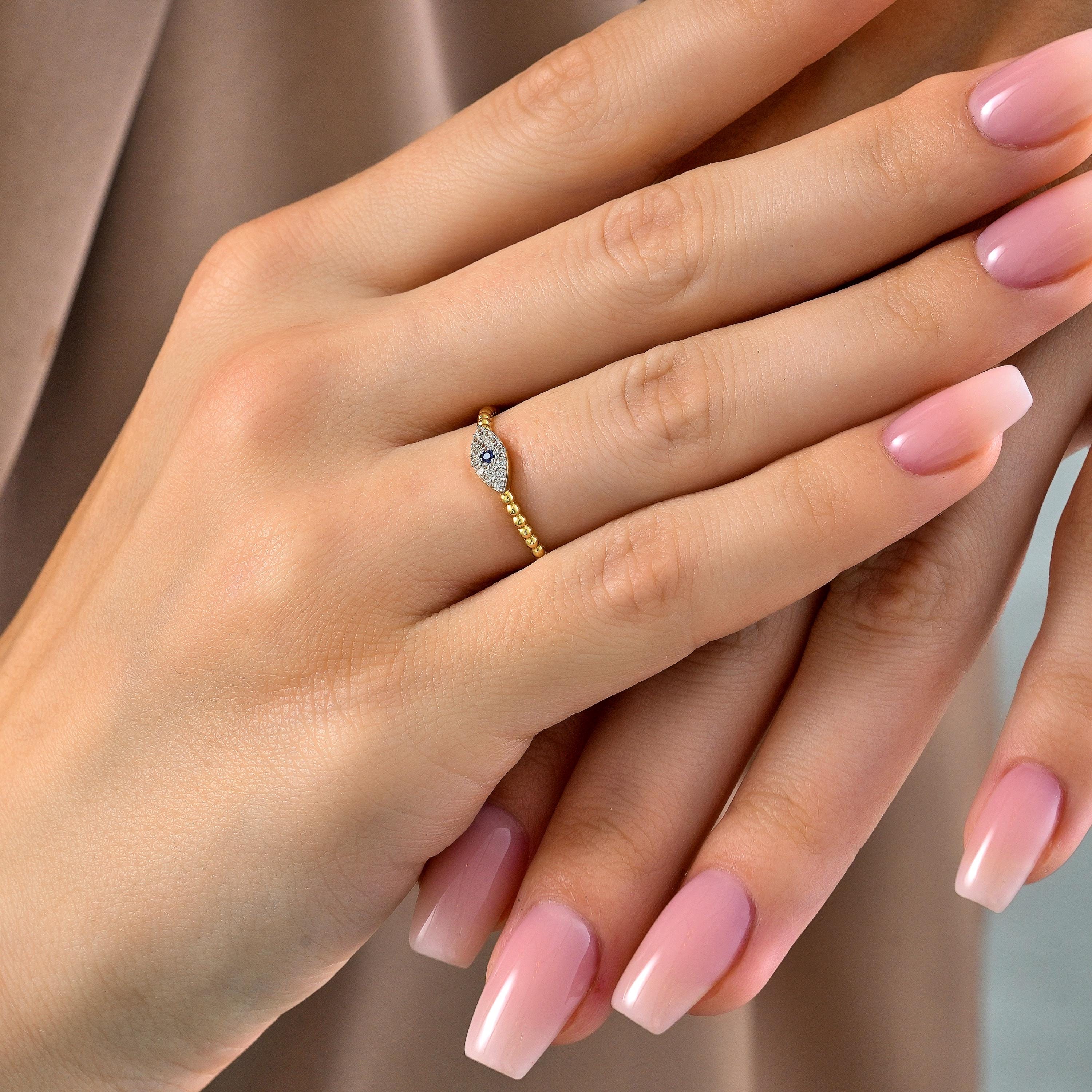 Evil Eye Gold Ring Dainty Marquise Blue Stone