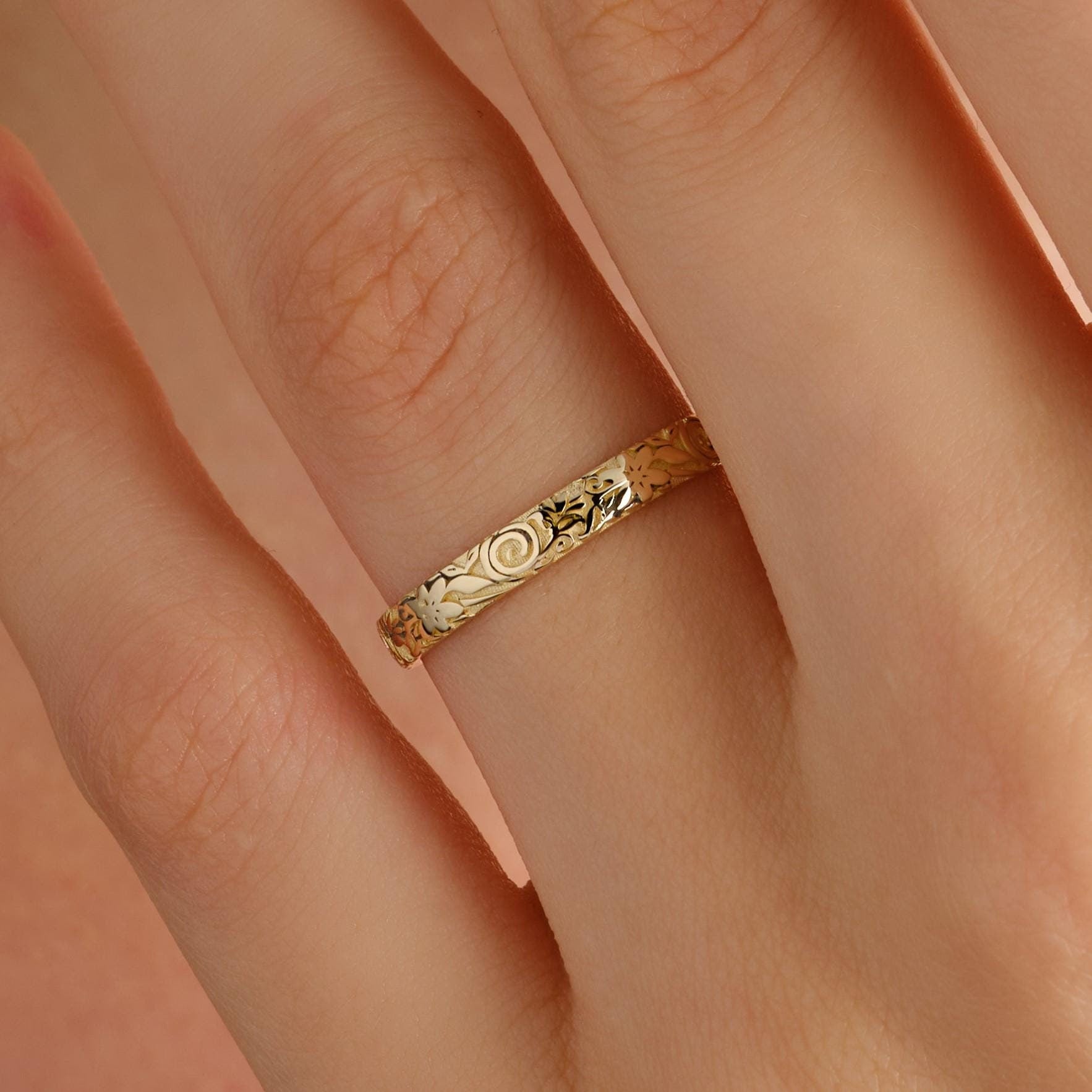 Gold Floral Ring Solid Gold Band