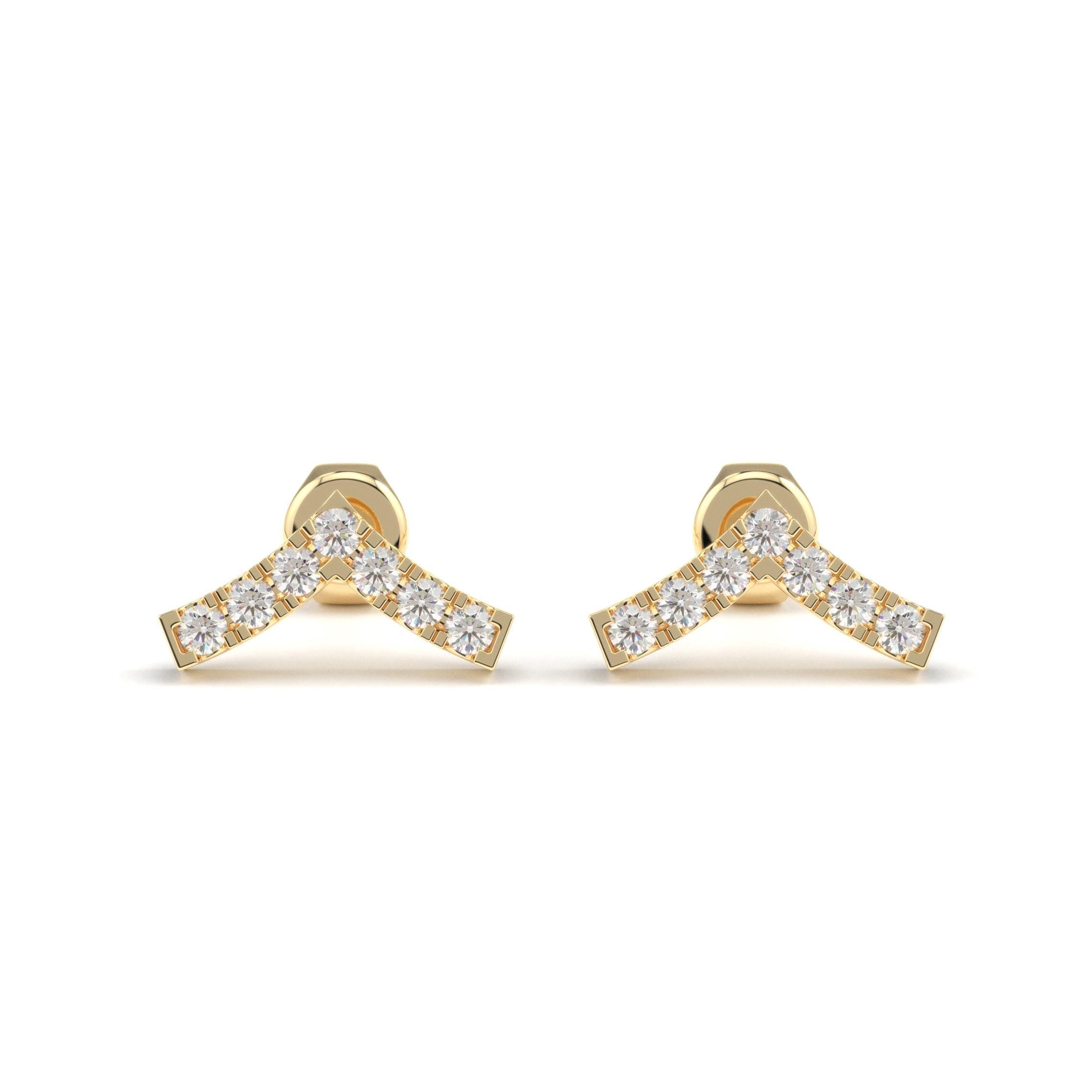 Yellow Gold V Shaped Diamond Stud Earrings