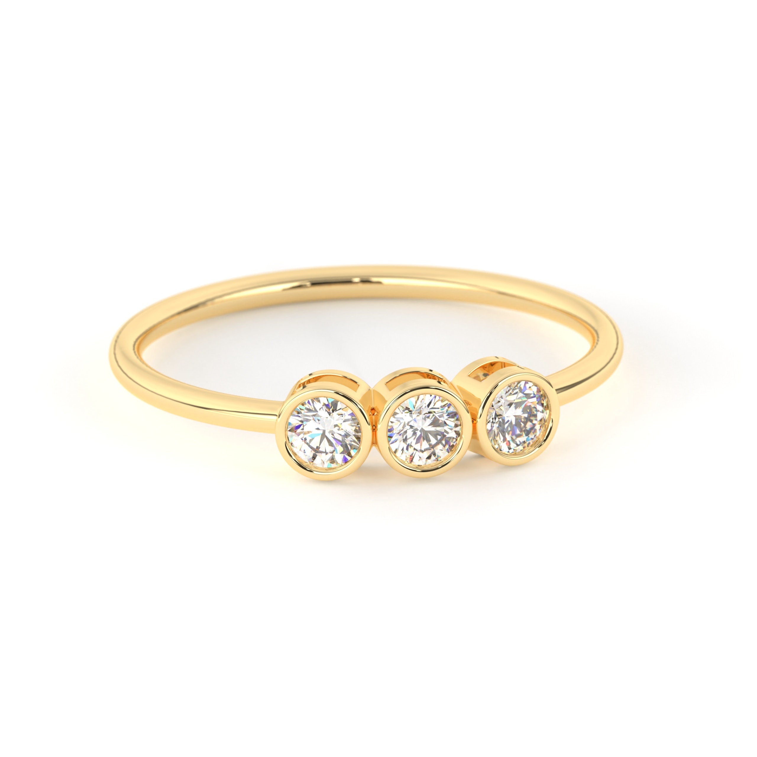 Solid Gold Bezel Set Three Stone Engagement Ring