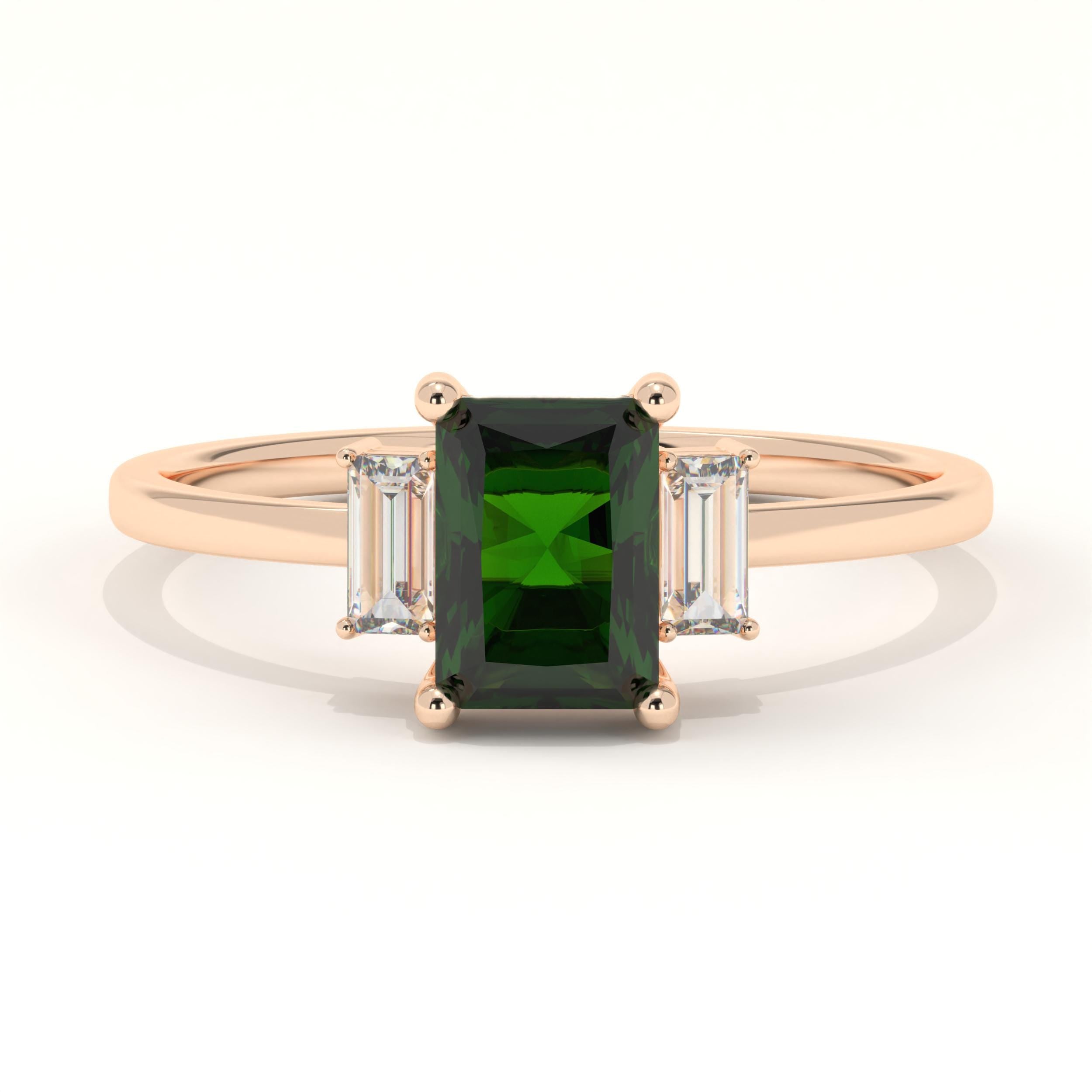 Three Stone Solid Gold Emerald Engagement Ring