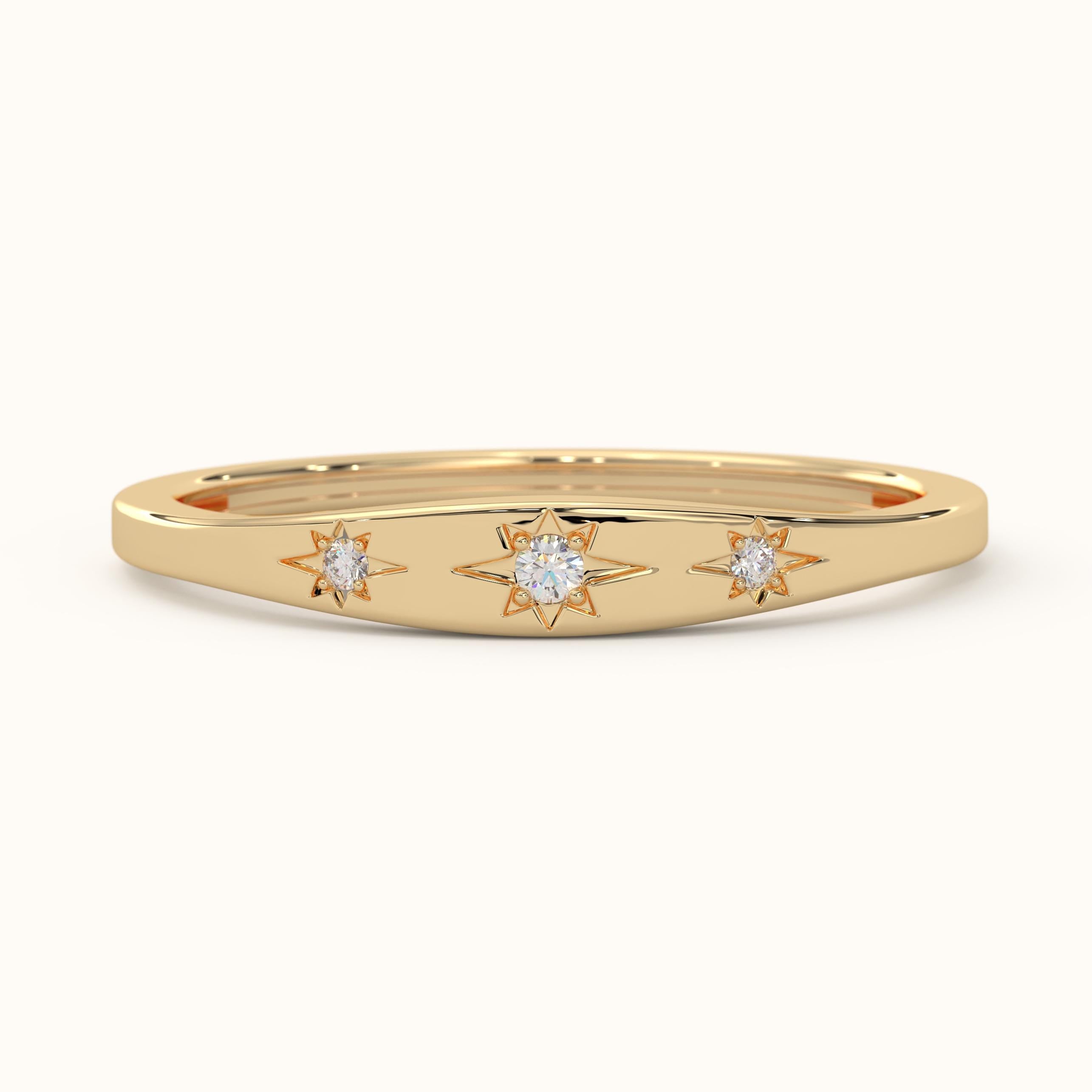 Three Stone Diamond Ring Solid Gold Starburst Band