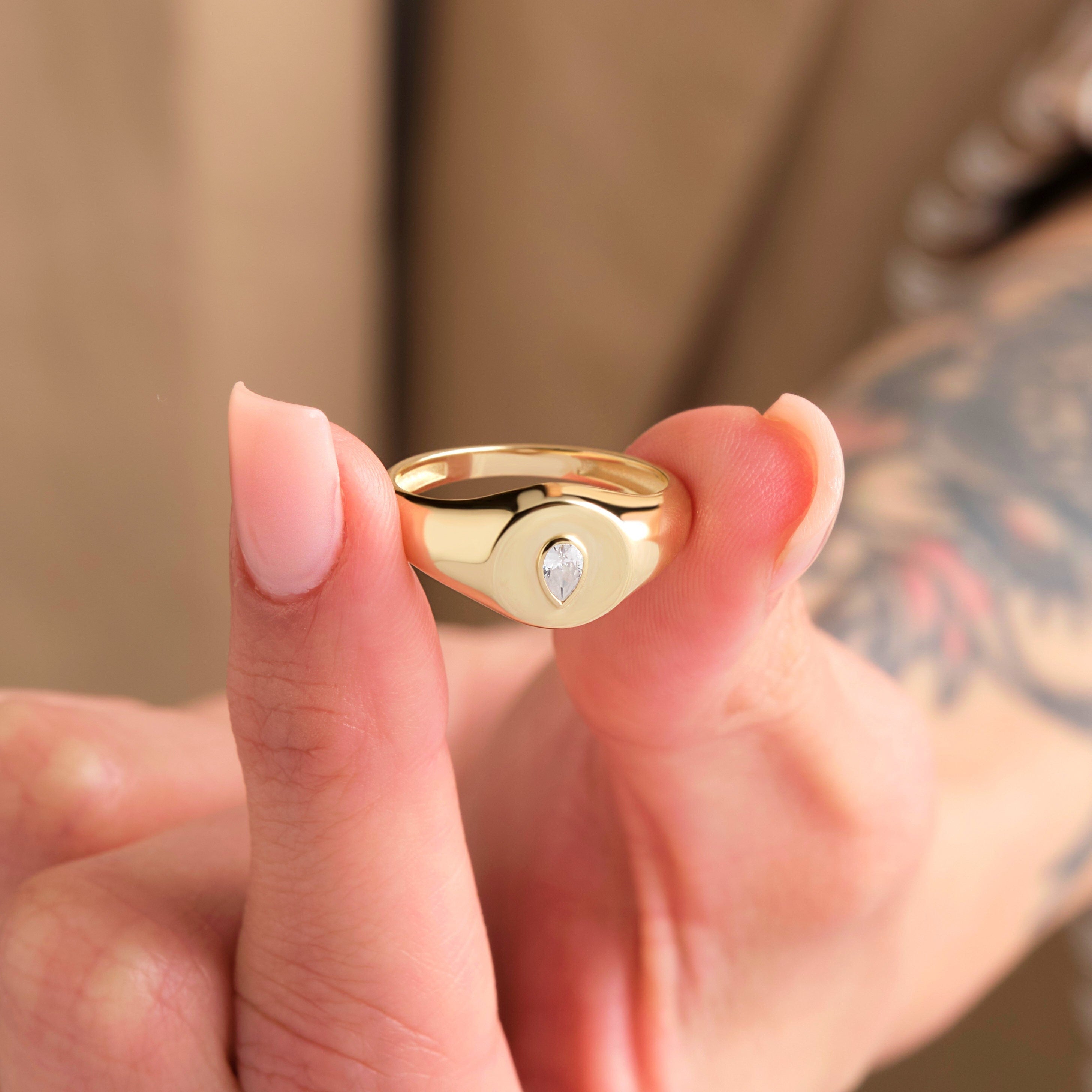 Pear Diamond Ring Solid Gold Signet Handmade