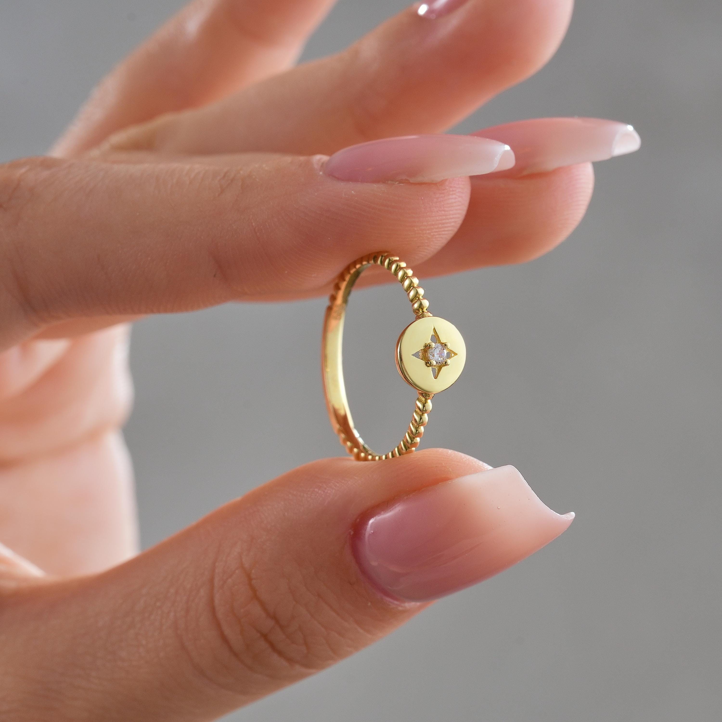 minimalist star set round CZ diamond gold disc ring beaded band stackable jewelry