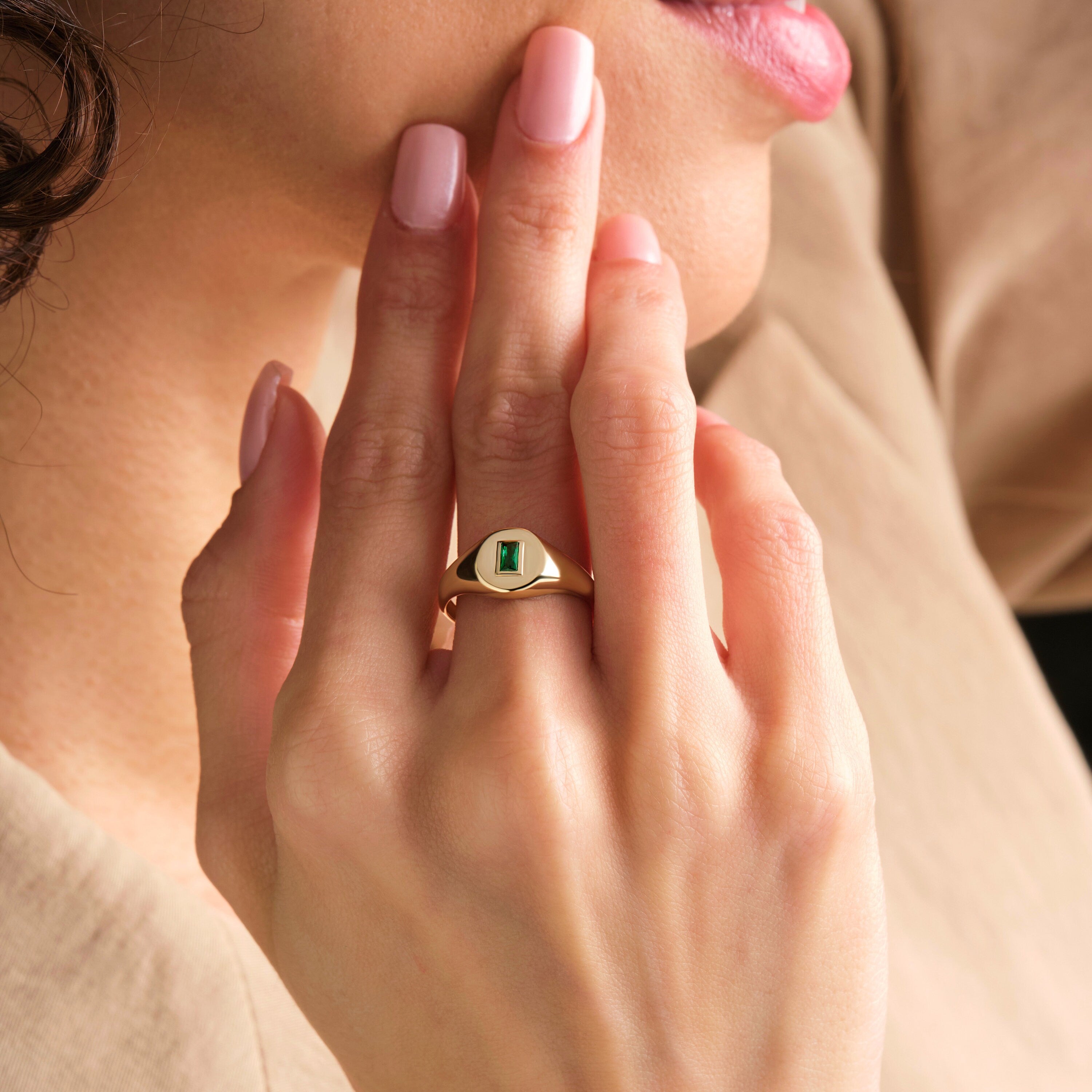Emerald Signet Ring Solid Gold Classic Elegant