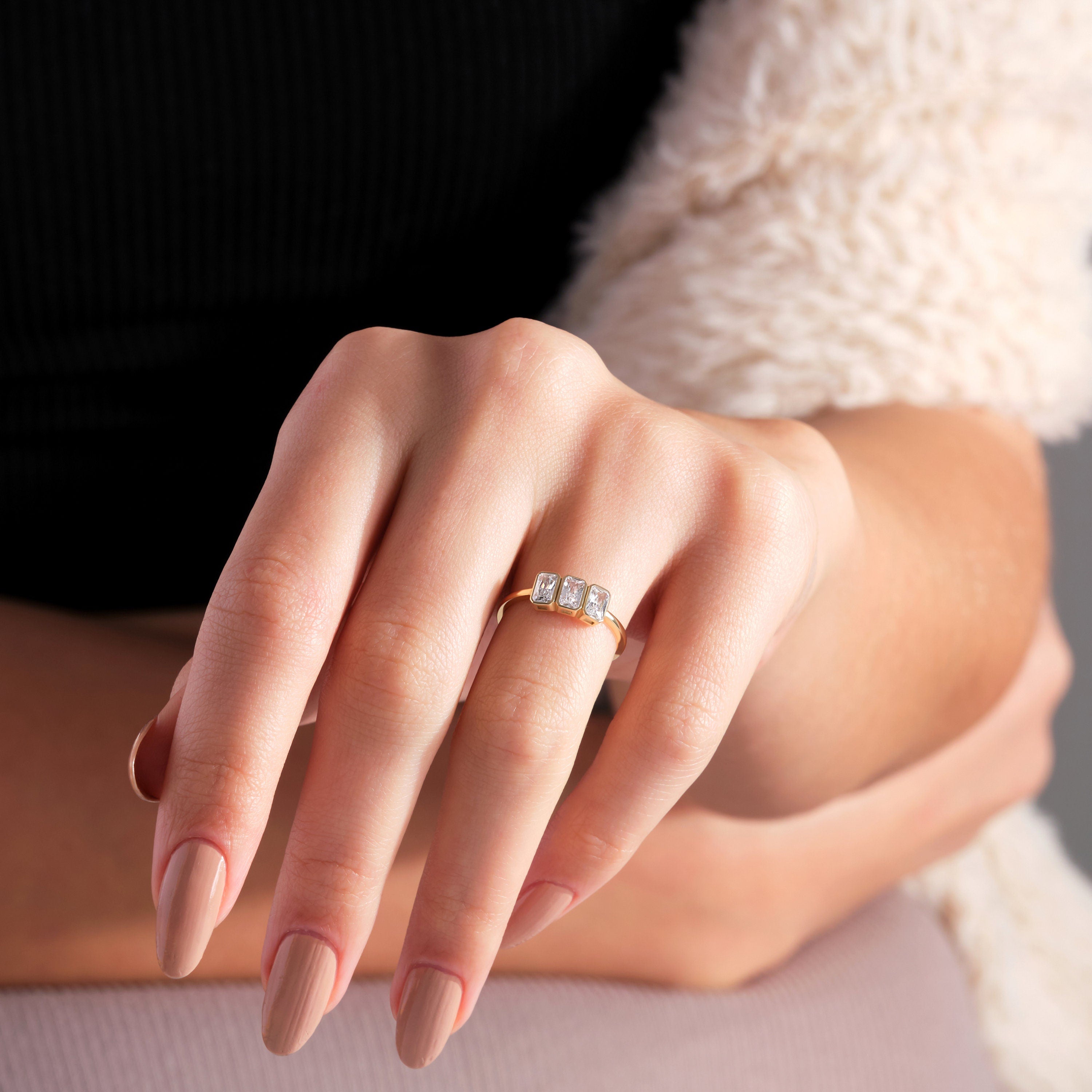 Emerald Engagement Ring Solid Gold Three Stone