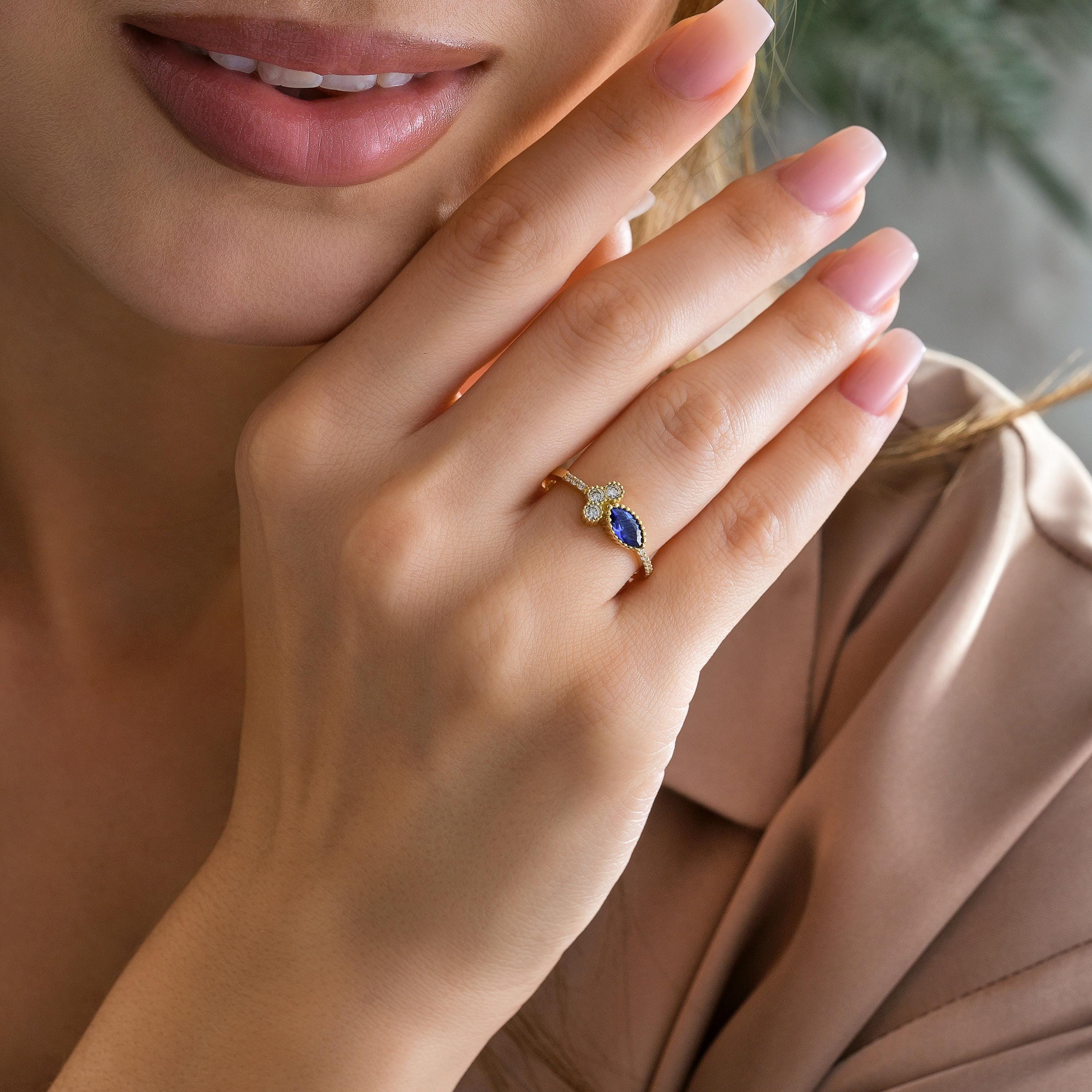 Marquise Sapphire Ring Solid Gold Bezel Setting Milgrain Edge