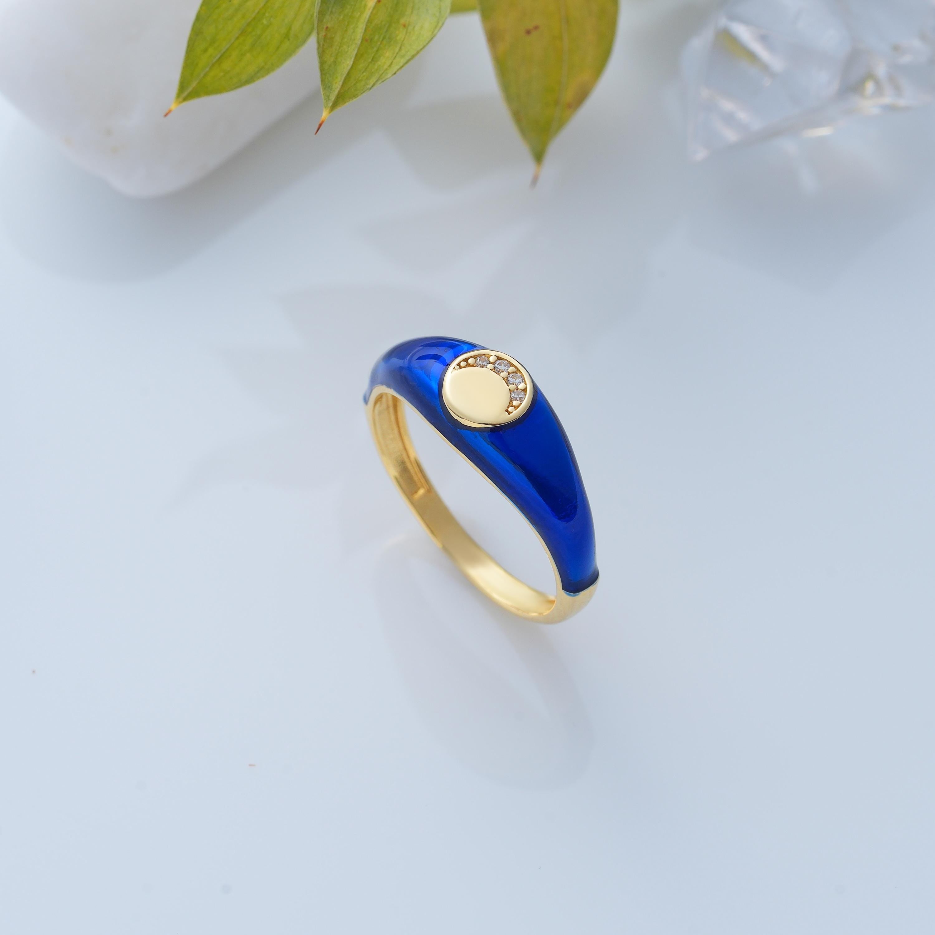 navy enamel ring 14k gold micro pave diamond disc