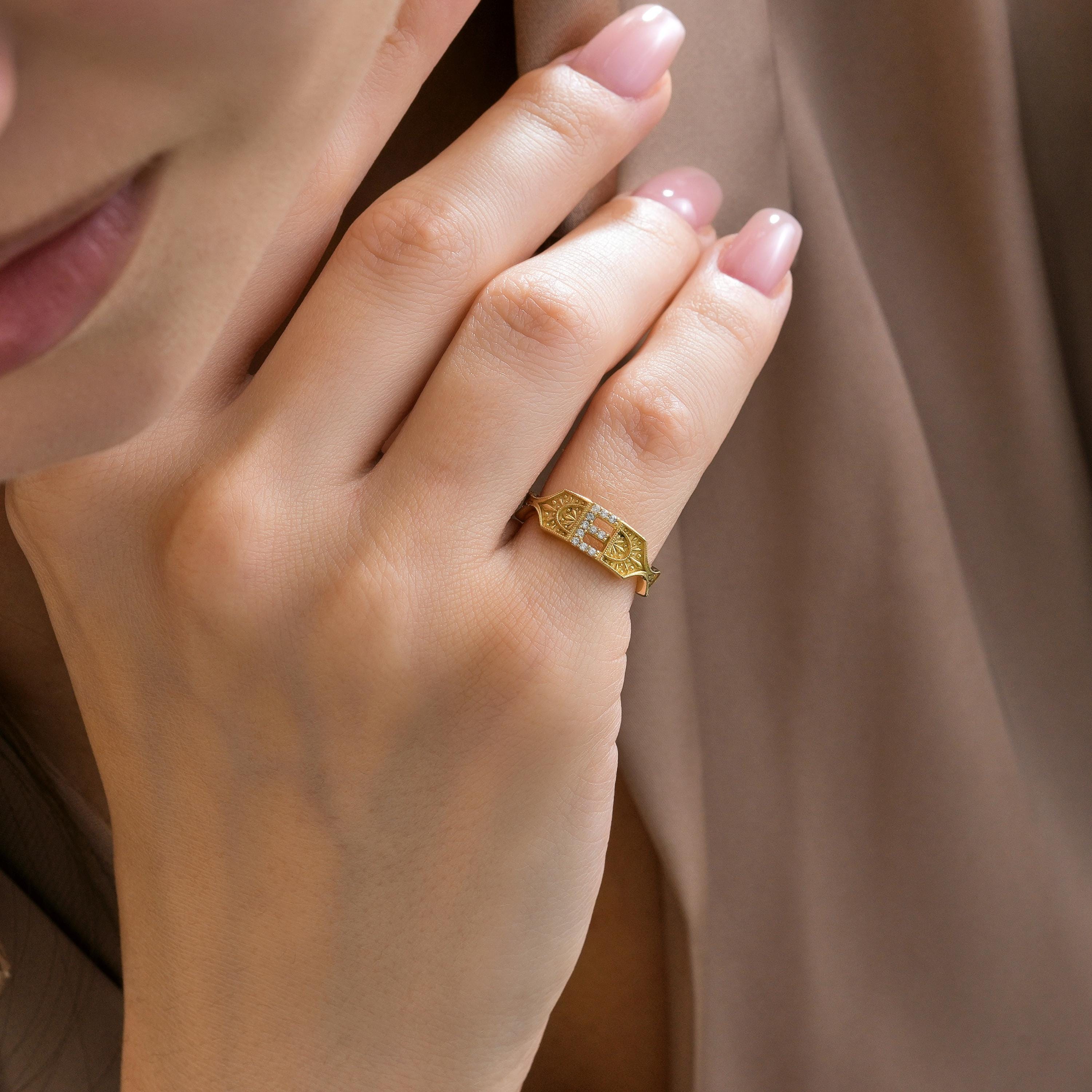 diamond e letter ring gold