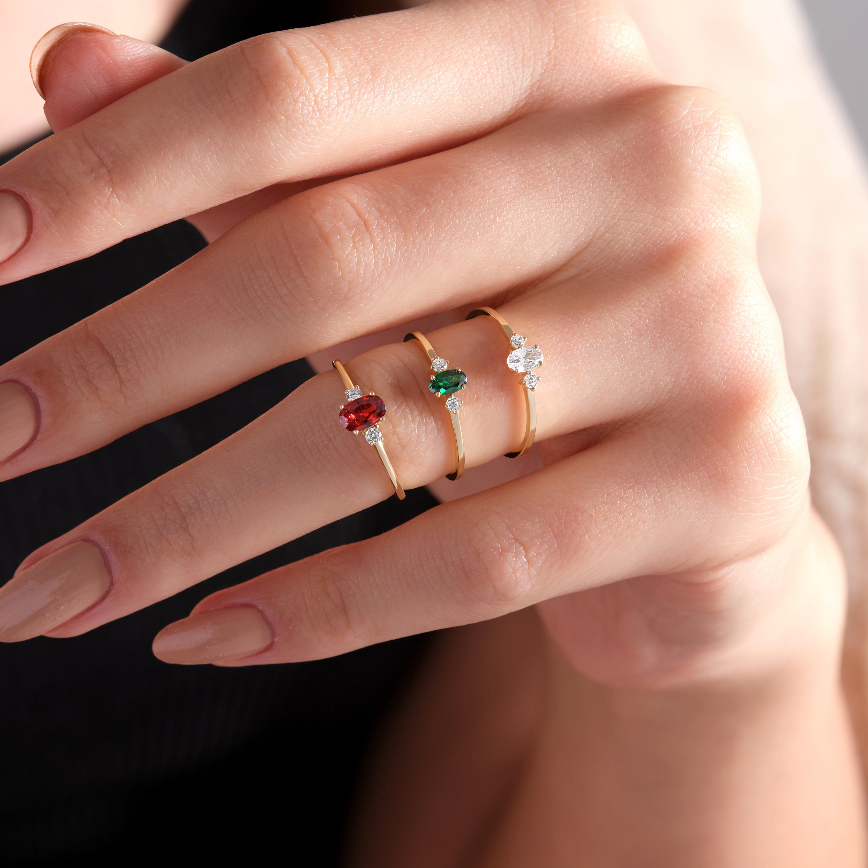 Solid Gold Emerald Ring Dainty Three Stone Stacking