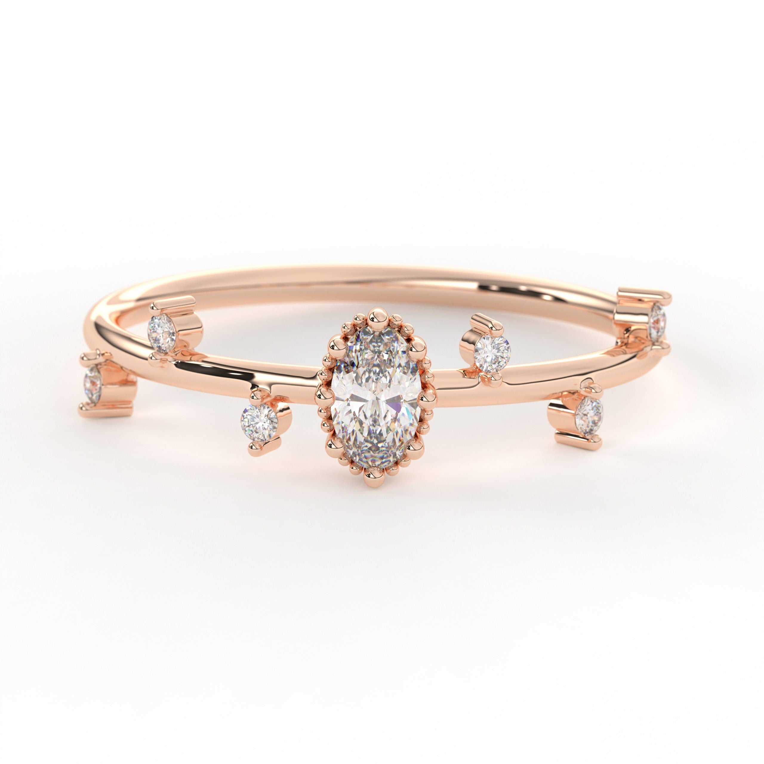 Solid Gold Cluster Oval Cut Diamond Wedding Band