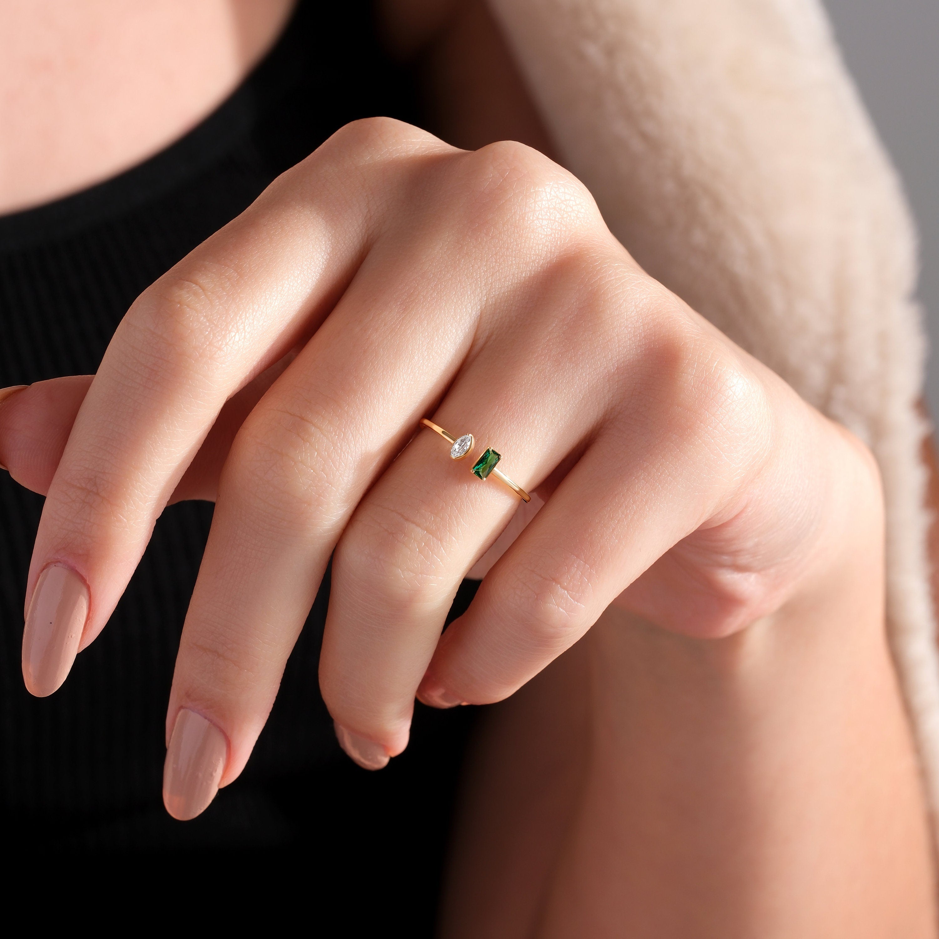 Emerald Diamond Ring Open Design Solid Gold